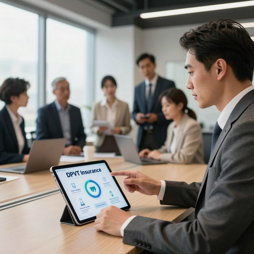 A professional business setting, showcasing the benefits of DPVT insurance. In the foreground, a thoughtful financial advisor in a tailored suit gestures towards a modern digital tablet displaying infographics about insurance benefits, including graphical elements like coverage, claims, and support services. In the middle, a diverse group of professionals in business attire engages in discussion, contemplating the importance of financial security. The background features sleek office furniture and large windows that allow natural light to flood the space, creating an inviting atmosphere. Soft, warm lighting enhances the professionalism of the scene, while a slight depth of field draws focus to the advisor and the tablet. The mood conveys confidence, clarity, and a sense of collaboration.