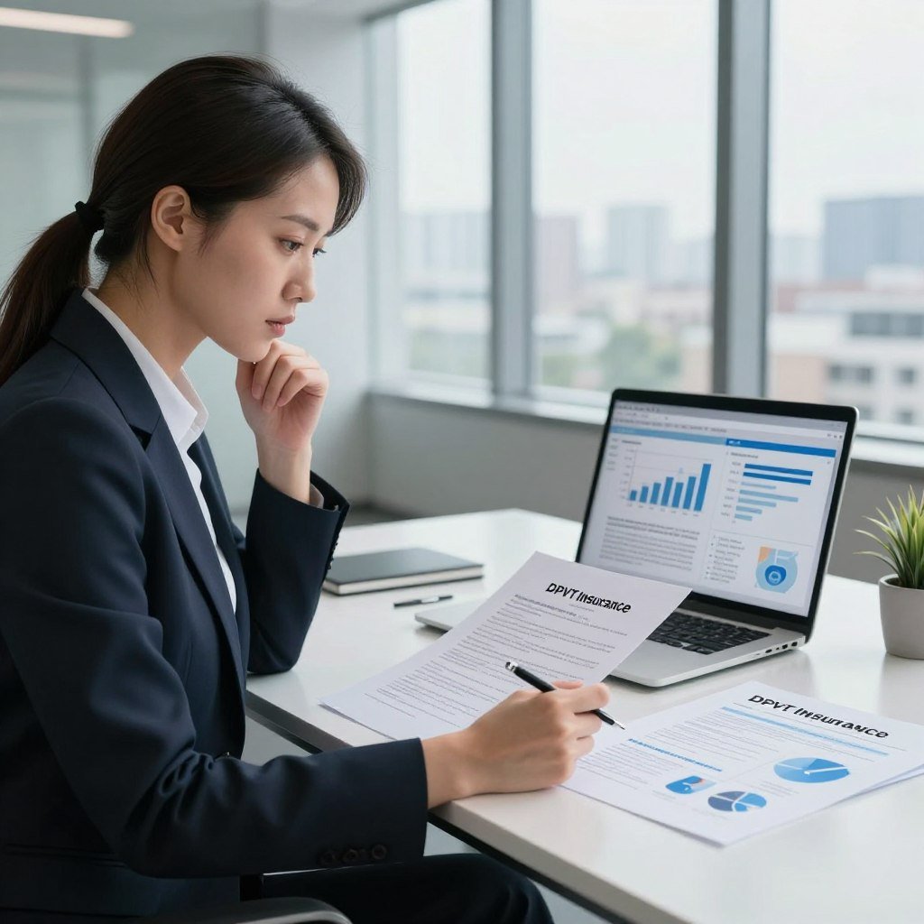 A professional business setting showcasing the limitations of the DPVT insurance. In the foreground, a serious businesswoman in professional attire is reviewing documents related to insurance policies, her expression thoughtful and focused. The middle ground features a sleek, modern office desk with a laptop open, displaying graphs and data. Surrounding the desk are charts and infographics that illustrate various limitations of DPVT insurance, such as coverage exclusions and claim denial scenarios. The background showcases large windows with a cityscape view, allowing natural light to illuminate the room, creating a clear and informative atmosphere. The overall mood is serious and professional, emphasizing analysis and critical evaluation. The lighting is bright yet soft, highlighting the documents without harsh shadows.