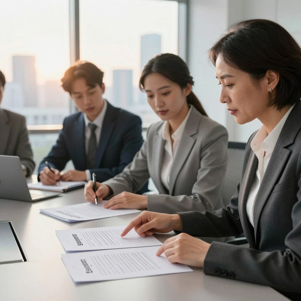 A professional business setting with a diverse group of individuals examining insurance policies around a modern conference table. In the foreground, a middle-aged woman in a smart business suit is pointing at key sections of several policy documents spread out on the table. Next to her, a young man in business casual attire is taking notes, displaying an engaged expression. In the background, a large window reveals an urban skyline bathed in soft afternoon sunlight. The mood is focused and collaborative, emphasizing the serious process of reading and interpreting business insurance policies. The lighting is warm and inviting, creating an atmosphere of professionalism and trust. The image captures both the details of the documents and the expressions of concentration on the faces of the participants.