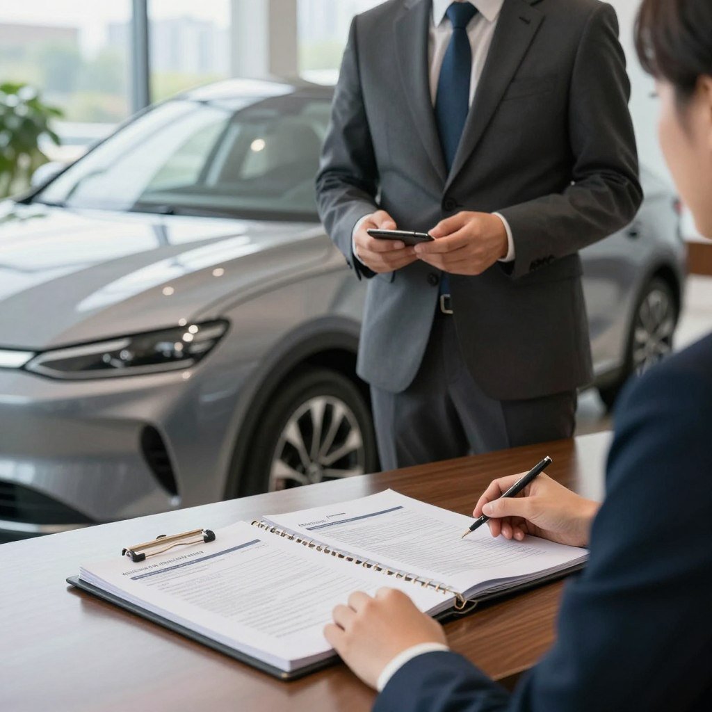 A professional consultant standing beside a sleek modern car, discussing car insurance options with a potential client. The consultant is dressed in a smart business suit, radiating confidence and expertise. In the foreground, a detailed view of a binder filled with insurance documents and coverage details is open on a polished table. In the middle ground, the car gleams under soft, natural light, highlighting its features. The background features a tasteful office environment with a large window showing a cityscape, suggesting a trustworthy and secure atmosphere. The composition captures a warm and professional mood, utilizing soft focus to emphasize the human interaction while ensuring clarity on the documents and the car. The image should evoke a sense of reassurance and professionalism in choosing the best car insurance.