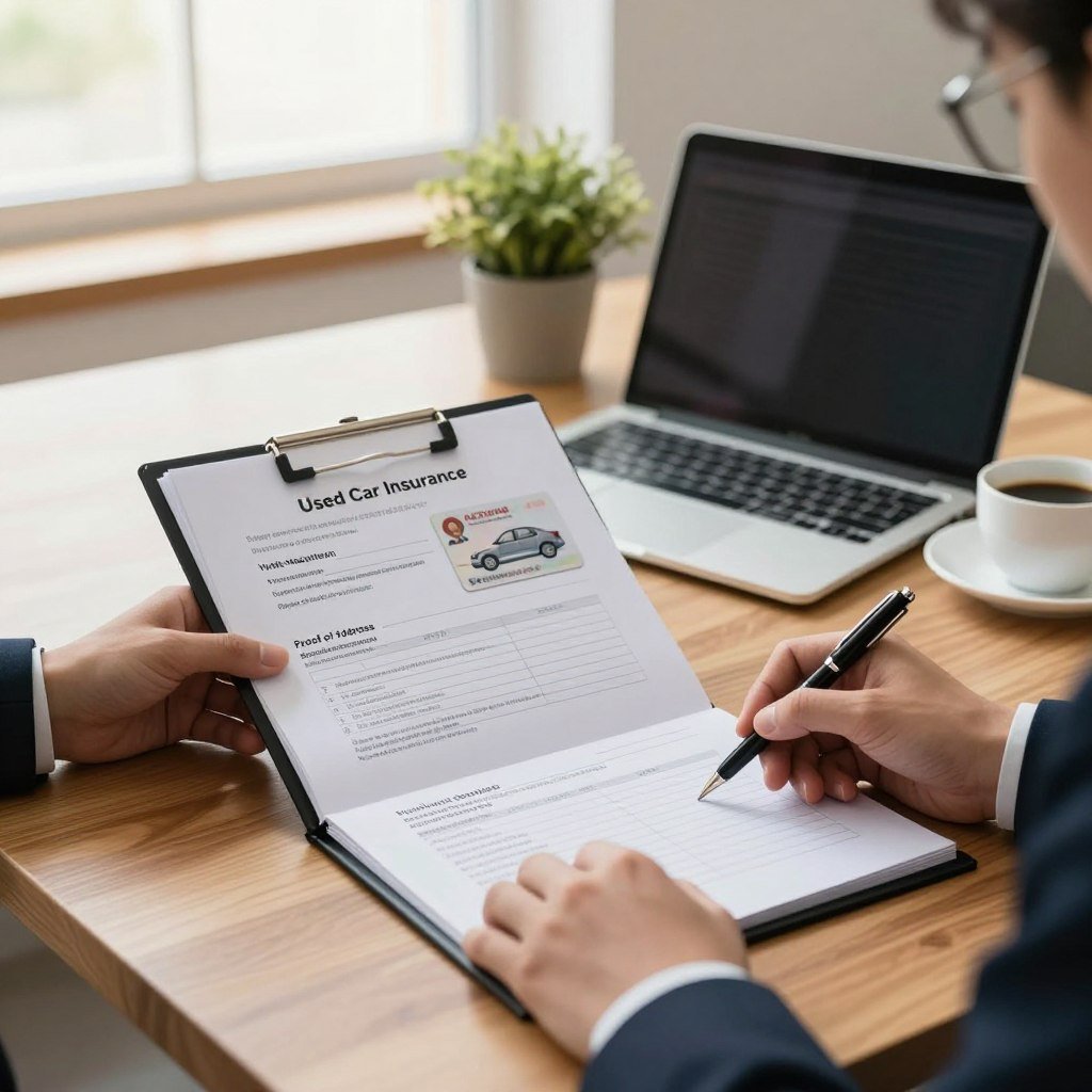 A professional desk setting for an auto insurance office, featuring an open folder displaying essential documents for used car insurance: vehicle registration, ID card, proof of address, and maintenance records. In the foreground, a pair of hands in business attire gently holding a pen, ready to sign. The middle ground showcases a polished wooden desk with a laptop, a cup of coffee, and a potted plant. In the background, soft natural light filters through a window, illuminating the room and creating a warm, inviting atmosphere. The overall mood should convey professionalism and organization, emphasizing the importance of proper documentation.
