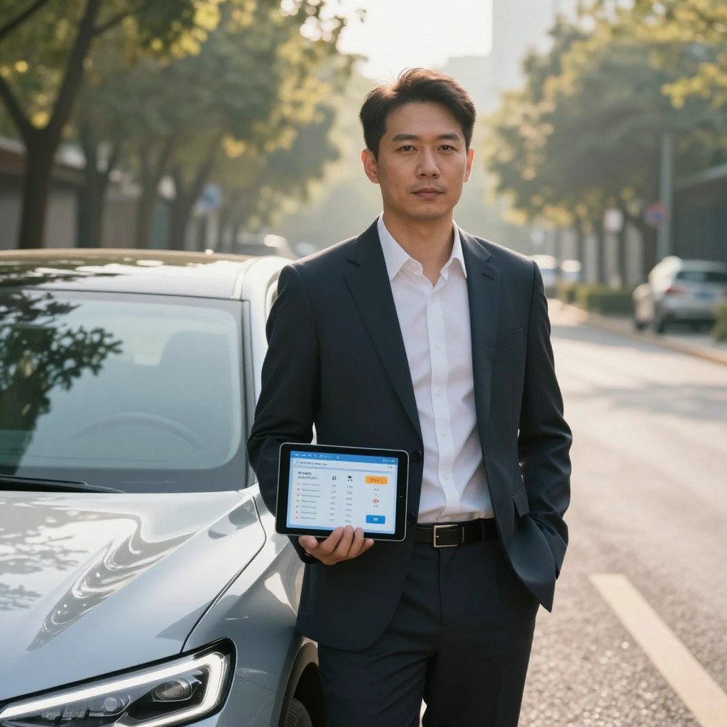 A professional driver in a smart business suit, standing confidently beside a sleek, modern car. The backdrop features a well-maintained urban street with soft morning sunlight filtering through the trees, casting gentle shadows. In the foreground, the driver is holding a tablet displaying driving statistics and safety ratings, emphasizing the importance of their driving profile. A blend of warmth and professionalism permeates the atmosphere. The camera angle captures the driver’s determination and focus, framed slightly from below to amplify their stature. Soft focus highlights the car and road ahead, suggesting a sense of responsibility and reassurance. The overall mood is one of confidence and professionalism, showcasing the impact of a driver’s profile on automobile insurance. A professional driver in a smart business suit, standing confidently beside a sleek, modern car. The backdrop features a well-maintained urban street with soft morning sunlight filtering through the trees, casting gentle shadows. In the foreground, the driver is holding a tablet displaying driving statistics and safety ratings, emphasizing the importance of their driving profile. A blend of warmth and professionalism permeates the atmosphere. The camera angle captures the driver’s determination and focus, framed slightly from below to amplify their stature. Soft focus highlights the car and road ahead, suggesting a sense of responsibility and reassurance. The overall mood is one of confidence and professionalism, showcasing the impact of a driver’s profile on automobile insurance.