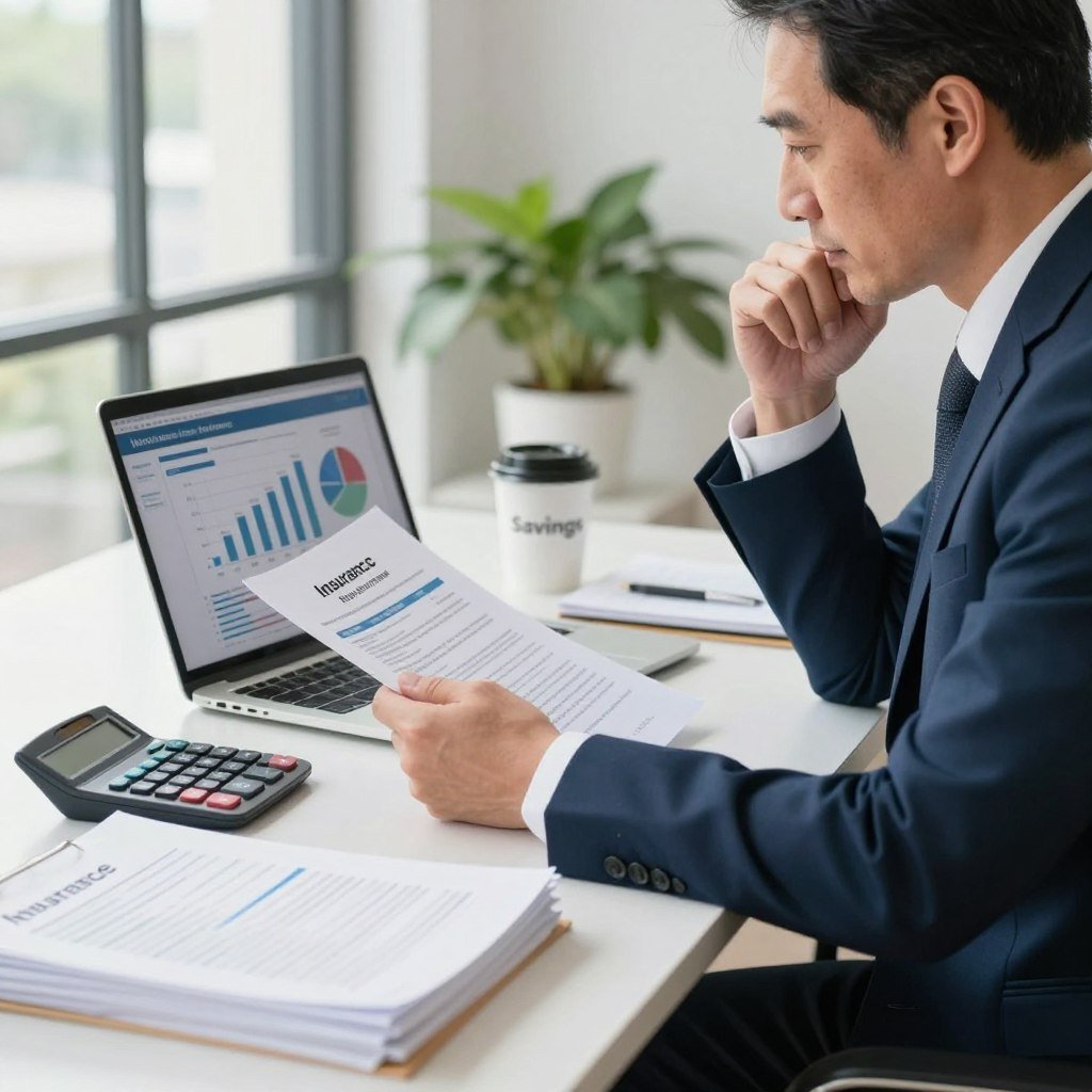 A professional financial advisor sitting at a desk in a modern office, analyzing insurance documents. In the foreground, stacks of paperwork and a calculator, symbolizing financial management. In the middle, a laptop displaying graphs and charts about insurance savings, with a coffee mug labeled "Savings". In the background, bright natural light filtering through large windows, illuminating indoor plants for a calming atmosphere. The advisor is a middle-aged person wearing a smart business suit, focused and thoughtful, representing expertise. The overall mood is one of professionalism and financial responsibility, with a soft focus on the documents to emphasize the theme of saving on insurance.