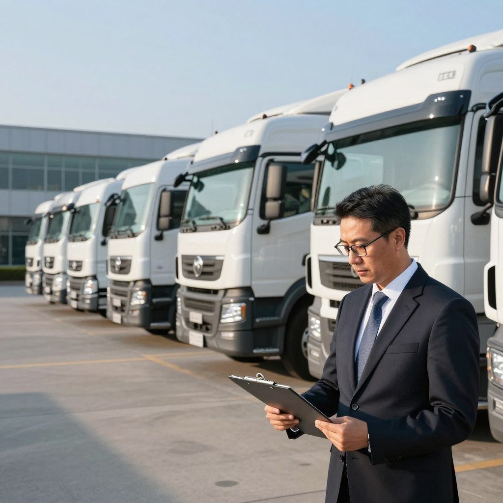 A professional fleet manager analyzing a group of trucks parked in a secure lot, showcasing various models of transportation vehicles. The foreground features the manager, a middle-aged man in formal business attire, holding a clipboard and wearing glasses, deeply focused on his task. In the middle ground, several well-maintained trucks are lined up, emphasizing their robust and professional appearance. The background includes a modern office building and a clear blue sky, hinting at a well-organized fleet environment. The scene is well-lit with soft sunlight casting gentle shadows, creating a calm yet efficient atmosphere. The composition conveys a sense of order and safety, reflecting the importance of risk management in truck fleet operations.
