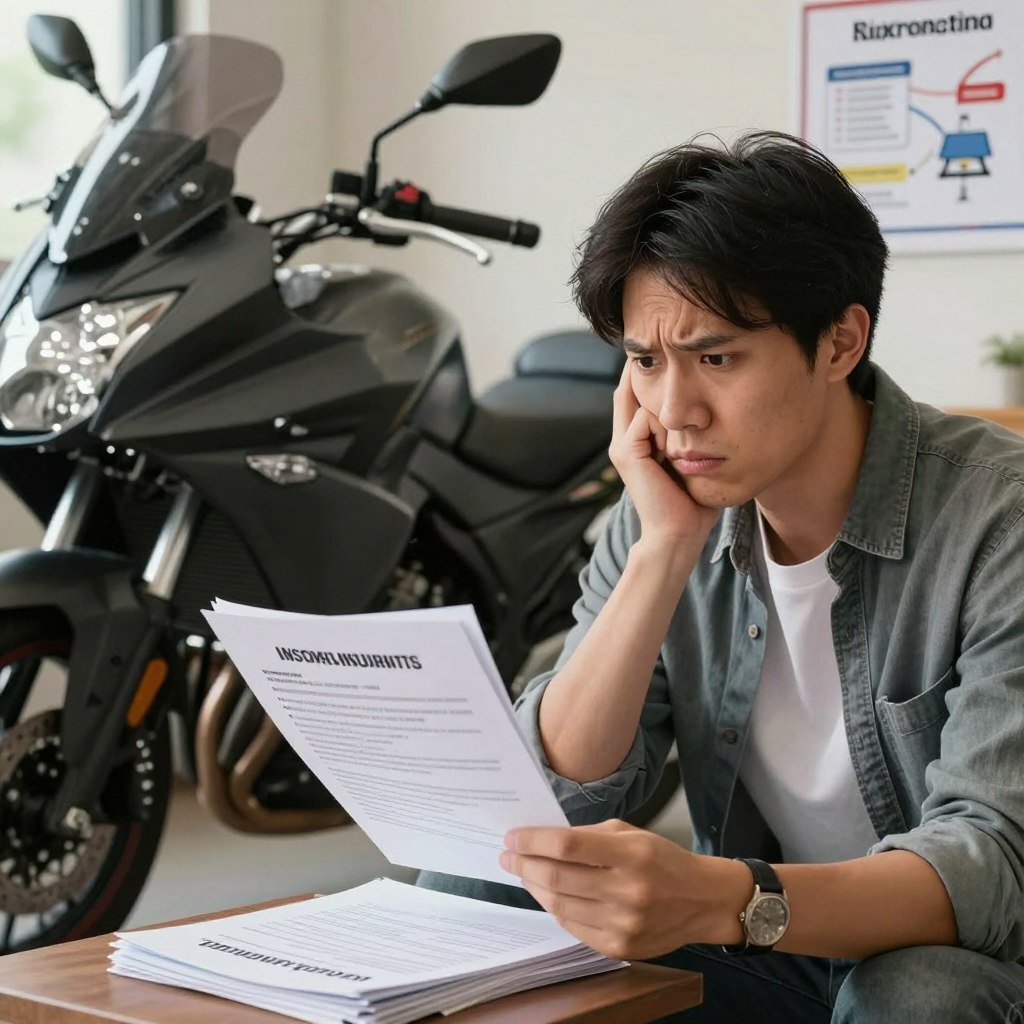 A professional, informative scene depicting common mistakes when contracting motorcycle insurance. In the foreground, a confused individual wearing casual business attire examines a stack of insurance documents and brochures with a concerned expression. In the middle, a large, partially visible motorcycle stands to the side, symbolizing the focus of the article. The background shows a subtle office setting with a blurred desk and soft lighting to convey a sense of contemplation and seriousness. A nearby wall features a chart with common errors in insurance contracts illustrated visually, such as overlooked terms and conditions. The mood is reflective and educational, encouraging viewers to think critically about their insurance choices while maintaining clarity and professionalism. The image should be rich in detail, with a warm, inviting color palette emphasizing safety and security.