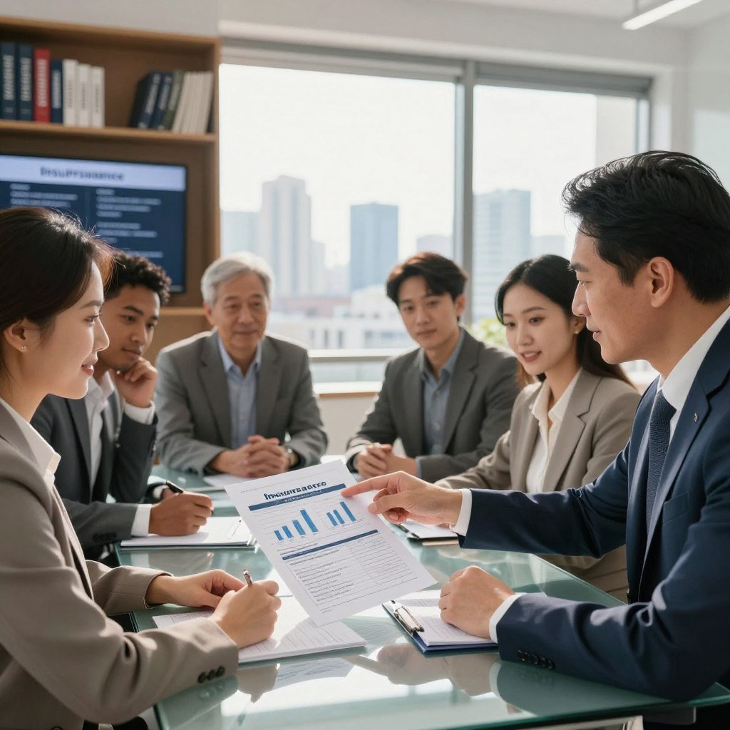A professional insurance advisor consulting with a diverse group of clients in a modern office setting. In the foreground, the advisor is pointing to a detailed insurance policy document spread across a glass table, while clients, dressed in smart business attire, attentively examine charts and graphs related to insurance options. In the middle ground, a large window reveals a city skyline, allowing warm natural light to flood the room, enhancing the ambiance. The background features shelves with neatly arranged insurance books and a digital screen displaying key facts about insurance types. The scene conveys a sense of trust, clarity, and professionalism, focusing on collaboration and informed decision-making. The overall mood is optimistic and encouraging, suitable for discussing how to choose the best insurance policy.