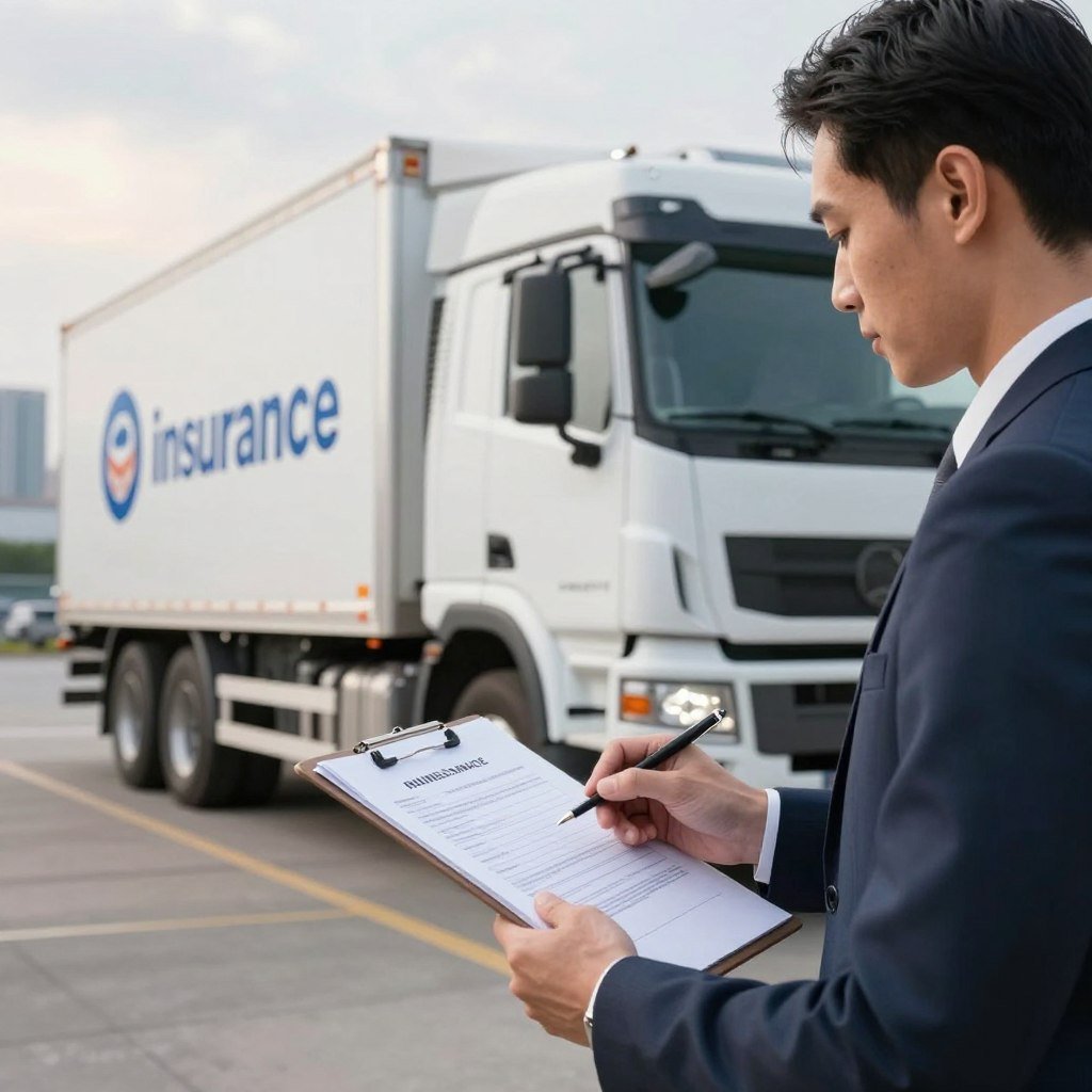 A professional insurance advisor in a smart business suit, reviewing a clipboard with a policy document, stands beside a large, parked truck in an open area. The truck is bright and well-maintained, showcasing branding and a logo emphasizing safety. In the background, a busy cityscape hints at commerce and industry, with soft sunlight filtering through clouds. The scene conveys a mood of trust and professionalism, suggestive of the importance of securing business assets. A close-up perspective captures the advisor’s focus, with gentle, natural lighting emphasizing the seriousness of ensuring the best insurance coverage for commercial vehicles. The overall composition reflects the urgency and necessity of preparedness in case of an accident.