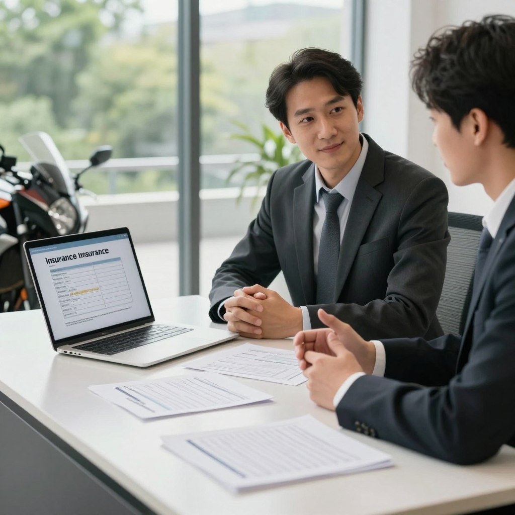 A professional insurance advisor in smart business attire, sitting at a sleek modern desk covered with various motorcycle insurance documents and a laptop displaying a detailed insurance quote. In the foreground, a close-up of a motorcycle model highlights its features, suggesting an insurance focus. The middle ground features the advisor engaged in conversation with a client, both appearing focused and engaged, with a warm, inviting office atmosphere. The background showcases a large window letting in natural light, with greenery outside, creating a sense of trust and security. The overall mood is professional yet approachable, emphasizing the theme of choosing the right insurance company and understanding the concept of deductibles. Soft, balanced lighting enhances the details and professional setting.