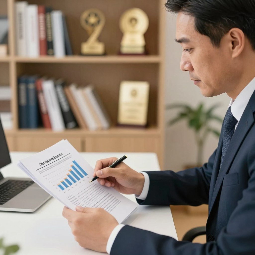 A professional insurance advisor is seated at a modern desk, analyzing a stack of documents with graphs and charts that illustrate life insurance benefits. The foreground features a clear view of the advisor, a middle-aged individual in business attire, focused and engaged. In the middle background, shelves filled with books and awards suggest expertise in the insurance field. Soft, warm lighting creates a welcoming atmosphere, enhancing the mood of professionalism and trust. The image captures a close-up perspective, emphasizing the advisor's attentive expression and the documents, while a blurred office environment is visible in the background. Overall, the scene conveys a sense of reliability and informed decision-making, suitable for someone exploring insurance options.