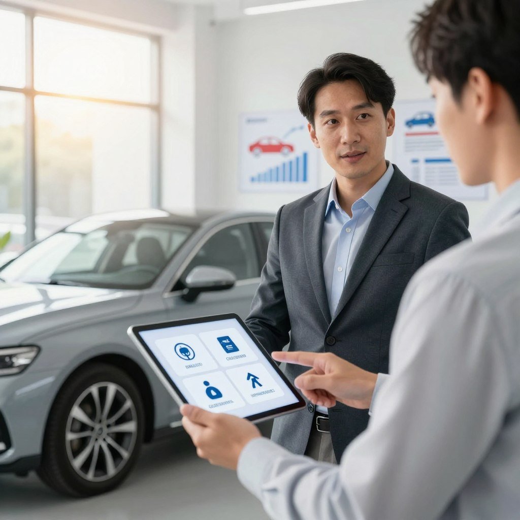 A professional insurance agent discussing different types of car insurance coverage, standing confidently in a bright, modern office environment. In the foreground, the agent is pointing at a digital tablet displaying various insurance icons, symbolizing coverage options like liability, collision, and comprehensive insurance. The middle ground features a sleek, stylish car parked beside a large window with sunlight streaming in, creating a warm, inviting atmosphere. In the background, there are charts and infographics on the walls about car insurance statistics and benefits. The lighting is soft yet bright, highlighting the professionalism of the scene, with a slight focus on the agent to give a sense of authority and clarity about car insurance options.