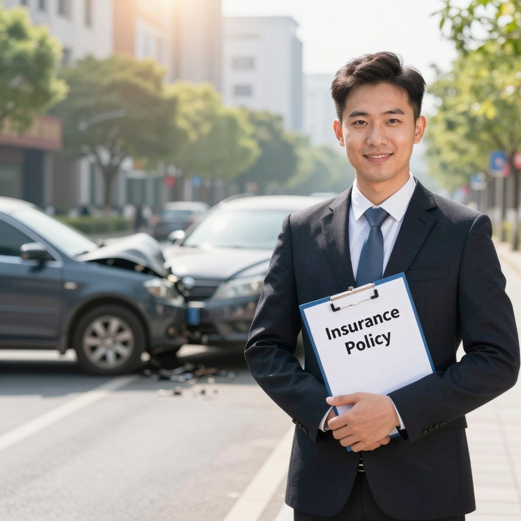 A professional insurance agent in a business suit stands confidently in the foreground, holding a folder labeled "Insurance Policy," symbolizing security and protection. In the middle ground, a car accident scene is depicted, with slight damage to two vehicles, emphasizing the idea of protection against third-party liabilities. The background features a city street with soft-focused buildings and trees, creating a sense of urban life. Bright, natural daylight filters through the scene, casting soft shadows and enhancing the feeling of safety and assurance. The overall mood is reassuring and optimistic, visually representing the advantages of third-party insurance in a clear and professional manner.