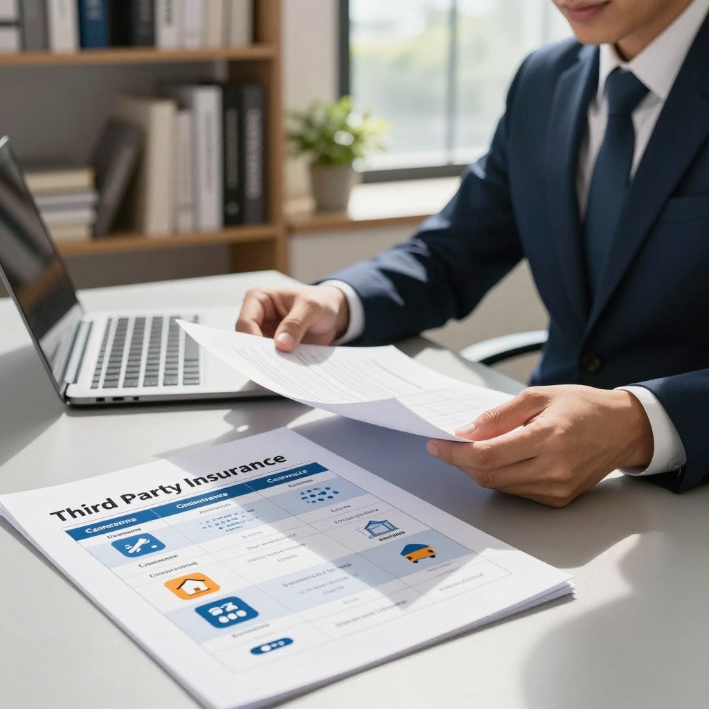 A professional insurance agent in a smart business suit, sitting at a sleek desk filled with documents and a laptop, analyzing a brochure titled "Third Party Insurance." In the foreground, a close-up of a detailed comparison chart featuring different insurance plans and coverage options, with icons symbolizing accidents, home safety, and vehicles. The middle section reveals shelves filled with books on insurance and safety, alongside a potted plant. In the background, a window showing a bright, sunny day conveying a sense of optimism and security. Soft, natural lighting filters through the window, casting gentle shadows, creating a calm and focused atmosphere. Capture this scene from a slightly elevated angle to emphasize the agent's professionalism and the significance of choosing the right insurance.