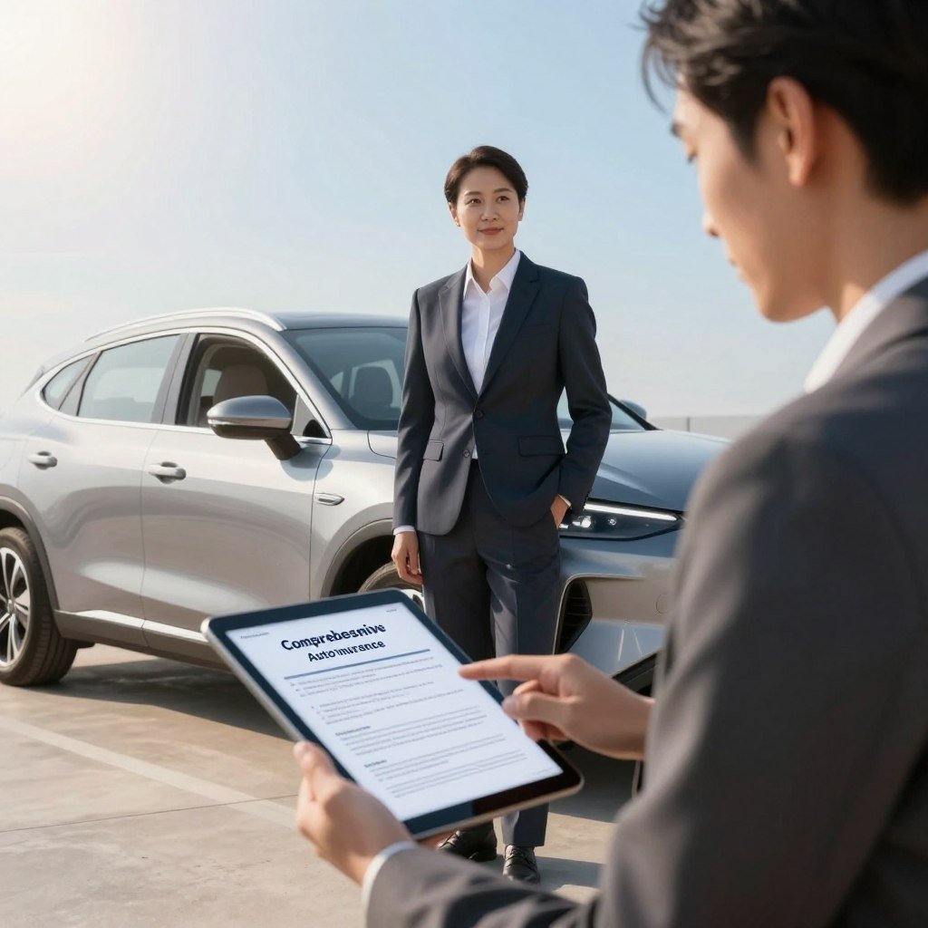 A professional insurance agent in a smart business suit, standing confidently next to a sleek, modern car, representing the concept of comprehensive auto insurance. The foreground features the agent engaging with a digital tablet displaying an insurance policy. In the middle ground, a well-maintained car is parked, symbolizing protection and reliability. The background showcases a clear blue sky with soft, warm sunlight filtering through, creating a welcoming atmosphere. The scene is framed with gentle shadows for depth, shot from a slightly low angle to emphasize authority and trust. The mood is professional and reassuring, perfect for conveying the idea of securing the right auto insurance step by step.