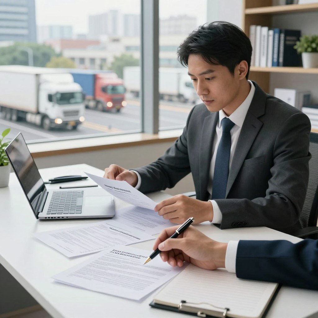 A professional insurance agent in business attire sits at a clean, modern desk, analyzing various truck insurance policy documents spread across a laptop and a notepad. In the foreground, a close-up of a hand highlights a pen pointing at a significant policy clause. In the middle, a large window reveals a bustling cityscape with trucks on the road, symbolizing the trucking industry. The background includes a bookshelf filled with insurance books and a small potted plant, adding a touch of warmth to the scene. Soft, natural lighting illuminates the agent's focused expression, creating a mood of professionalism and trustworthiness. The perspective is slightly angled to capture the desk's chaos while emphasizing the agent's concentration.