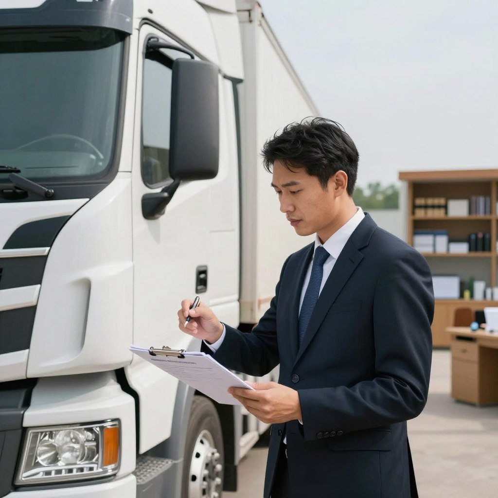 A professional insurance agent in business attire stands beside a large truck, examining a clipboard with insurance documents. The foreground features the agent, with a focused expression, as they discuss the truck's insurance franchise details. In the middle, the imposing truck, detailed with a shiny exterior and the logo of a trucking company visible, showcases its importance in the insurance context. The background portrays a well-stocked office or a scenic outdoor location, hinting at professionalism, with shelves of resources or an open road. Soft, natural lighting enhances the atmosphere, while the angle captures the agent engaged in a consultative stance, reflecting confidence and authority concerning truck insurance. The mood conveys trust and professionalism, suitable for a financial or business setting.
