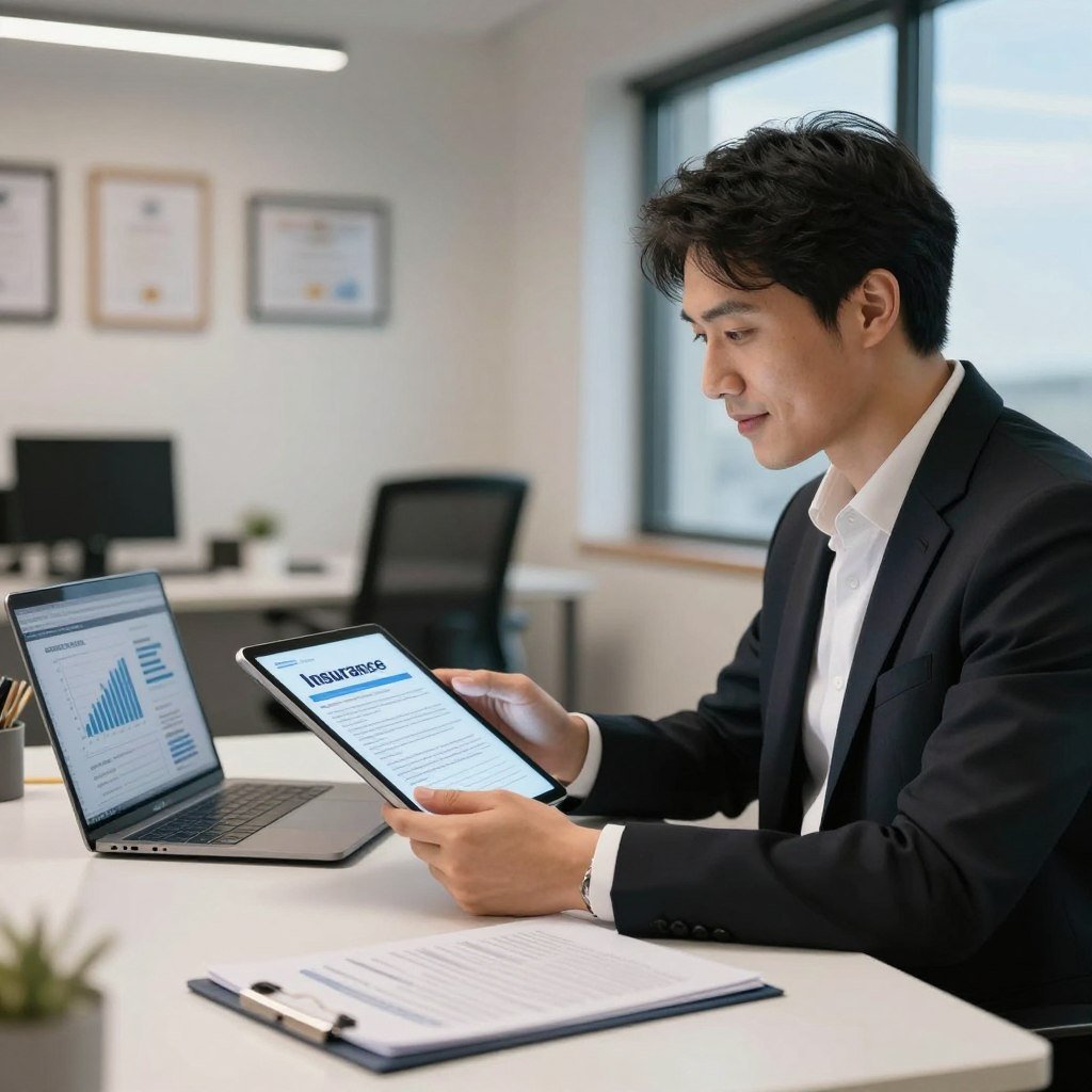 A professional insurance agent seated at a modern desk, meticulously reviewing a digital tablet displaying a detailed insurance policy update. In the foreground, the agent wears smart business attire, focused and engaged, with a soft smile, conveying a sense of trust. The middle ground features a sleek laptop opened with graphs and data charts visible, alongside files organized neatly. The background reveals an office with soft ambient lighting, framed certificates on the walls, and a window showcasing a clear blue sky. The overall atmosphere is professional and reassuring, emphasizing the importance of keeping insurance information up to date and accurate. The image captures the essence of trust and responsibility in the insurance field.