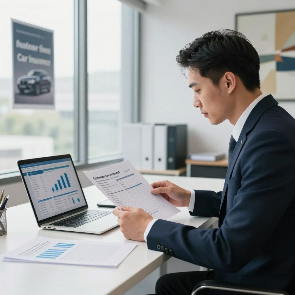 A professional insurance agent sitting at a modern desk, reviewing documents related to car insurance quotes. The foreground features a neatly organized workspace with a laptop displaying graphs and data on car insurance options. In the middle, a large window provides bright, natural light, illuminating the agent who is dressed in smart business attire. The background showcases a sleek office with motivational posters about customer service, and a large abstract painting that adds a sense of sophistication. The overall mood is professional and reassuring, evoking trust and clarity, as the agent engages in a consultative process, ensuring the viewer understands the significance of comprehensive car insurance coverage.