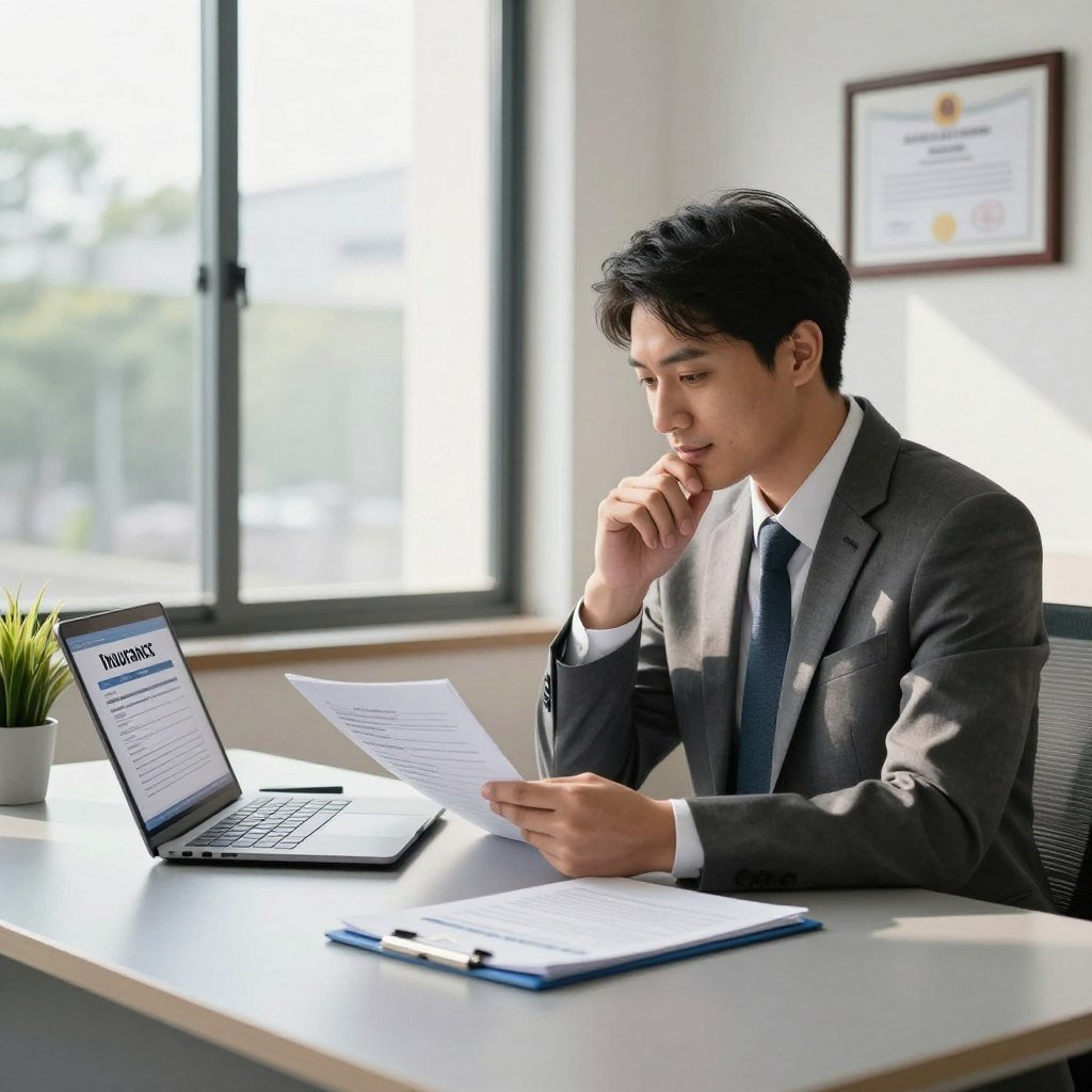A professional insurance agent sitting at a sleek, modern desk, reviewing documents with a client, who appears engaged and thoughtful. The agent is dressed in a tailored suit, showing a friendly and approachable demeanor. In the foreground, a laptop displays a digital insurance application, and paperwork is neatly organized. The middle ground features a large window letting in soft, natural light, casting gentle shadows across the room. On the desk, a small plant adds a splash of color, while a certificate of license hangs on the wall, enhancing the professionalism of the setting. The atmosphere is calm, focused, and supportive, reflecting the importance of securing one's assets through insurance. Avoid any text or overlays in the image.