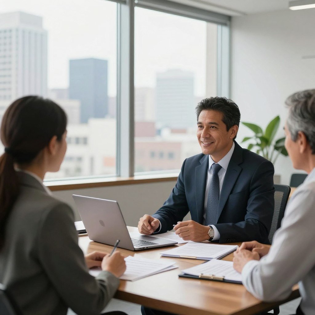 A professional insurance broker in a bright, modern office setting. The broker, a middle-aged South American male, is dressed in a crisp suit with a tie, exuding confidence and professionalism. He is seated at a sleek wooden desk cluttered with documents and a laptop, engaged in a conversation with a diverse client base represented by a young woman and an older man, both listening intently. In the background, floor-to-ceiling windows reveal a city skyline, allowing natural light to flood the room, creating an inviting atmosphere. The scene conveys warmth, trust, and professionalism, highlighting the critical role of the insurance broker in guiding clients through their insurance needs. Soft, diffused lighting enhances the inviting mood, focusing on the interaction at the desk while the city outside adds depth to the image.