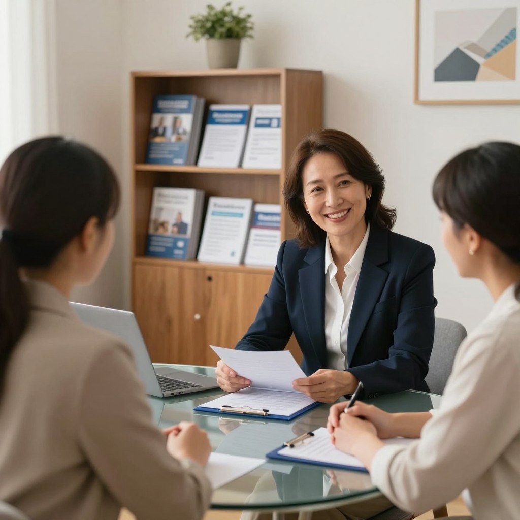 A professional insurance broker office setting with a trustworthy atmosphere. In the foreground, a knowledgeable and friendly insurance agent, a middle-aged woman in a smart business suit, is engaging with a diverse couple, providing them with information about insurance options. The couple appears attentive and assured, seated at a modern glass table. In the middle background, shelves filled with brochures and insurance pamphlets add depth. Soft, warm lighting illuminates the scene, creating a welcoming ambiance. The angle of the shot is slightly above eye level, emphasizing approachability. Subtle decorative elements like potted plants and art on the walls convey professionalism. The overall mood is supportive, highlighting the importance of trust in choosing an insurance broker.