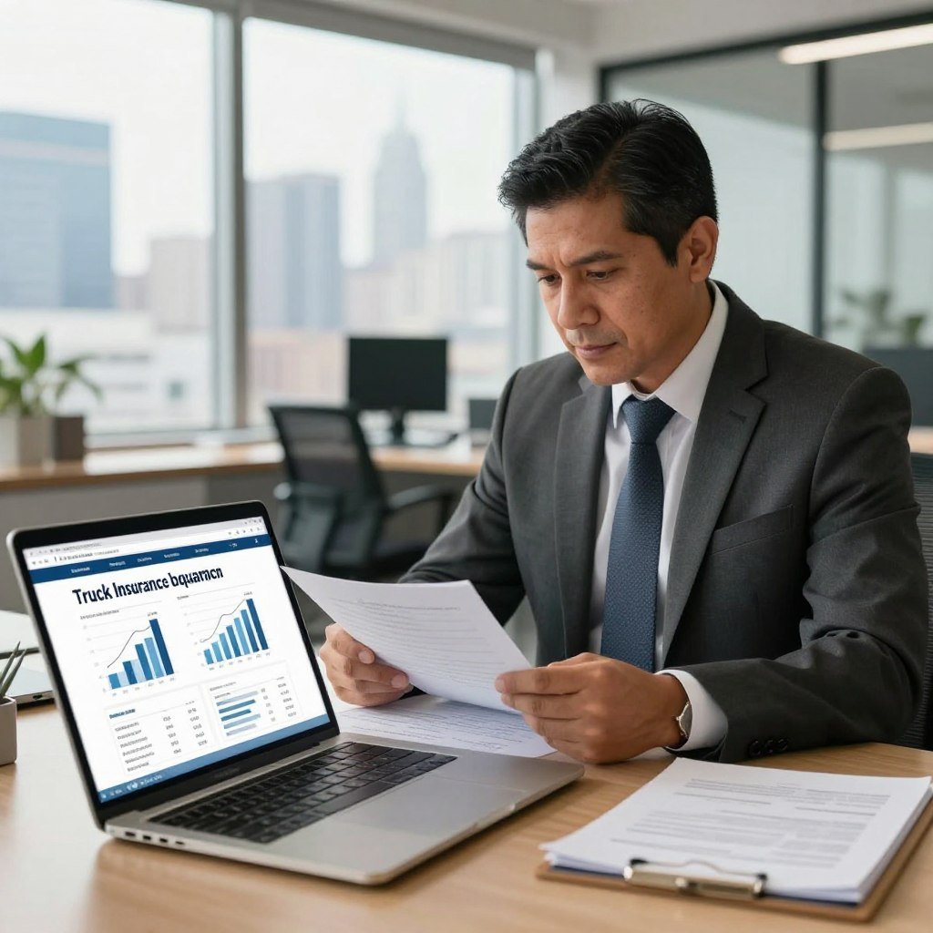 A professional insurance broker sitting at a desk, deeply engaged in an online truck insurance quotation process. The foreground features a laptop with an open insurance quote website, intricate graphs, and data charts displayed on the screen. In the middle, the broker, a middle-aged Hispanic man in a smart business suit, is reviewing documents and making notes. The background is a modern office setting, with a large window showing a city skyline. Natural light streams in, creating a warm, inviting atmosphere. Soft focus on the surroundings draws the viewer's attention to the broker's focused expression and the importance of securing truck insurance. The overall mood is diligent and professional, reflecting the critical nature of insurance brokerage.