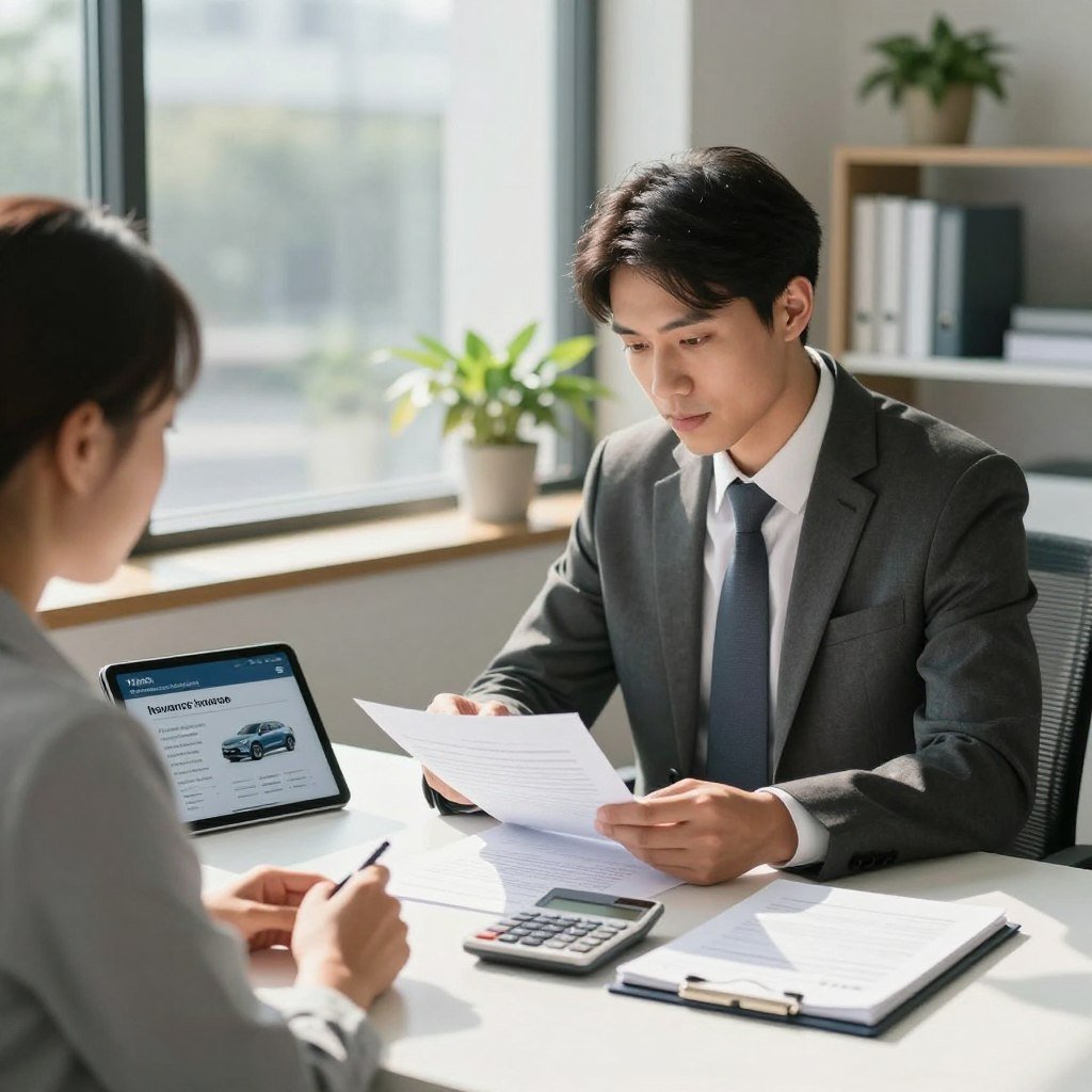 A professional-looking insurance agent in business attire is seated at a modern desk, reviewing documents and discussing with a satisfied client, who is dressed in smart casual clothing. The foreground features a digital tablet displaying car insurance quotes alongside a calculator and a notepad filled with notes. In the middle ground, a large window shows a sunny day outside, creating a bright and inviting atmosphere. The background has a minimalist office design with potted plants and a bookshelf neatly organized. Soft, natural light filters through the window, casting gentle shadows and enhancing a feeling of trust and professionalism. The overall mood conveys clarity, reliability, and a sense of expertise in car insurance processes. The image should be focused and well-composed, captured at eye level.