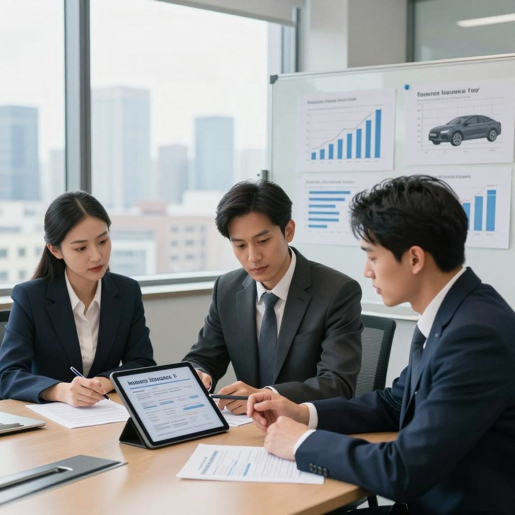 A professional-looking office meeting scene, set in a well-lit conference room. In the foreground, a diverse group of three business professionals, two men and one woman, dressed in smart business attire, are analyzing insurance quotes displayed on a tablet and paper documents. The middle section shows a large window with a view of a city skyline, enhancing the corporate atmosphere. In the background, a whiteboard is filled with charts and graphs depicting auto insurance trends and tips for securing the best rates. Soft, natural light streams through the window, creating a warm and inviting feel, while the color palette features calming blues and grays to convey professionalism and trust. The overall mood is focused and collaborative, emphasizing analysis and strategic decision-making.
