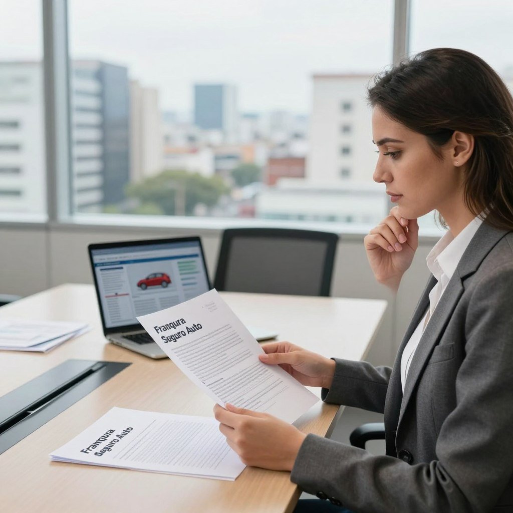 A professional-looking office setting that conveys the theme of auto insurance franchises in Brazil. In the foreground, a well-dressed businesswoman examines a document titled "Franquia Seguro Auto," with a thoughtful expression, showcasing her as a knowledgeable figure in the industry. In the middle ground, a modern conference table is surrounded by various documents and a laptop displaying insurance options. The background features a large window revealing a view of a bustling cityscape, symbolizing growth and opportunity in the auto insurance market. The lighting is bright and natural, suggesting a productive atmosphere, with a slight lens blur on the background to keep the focus on the businesswoman. The overall mood is professional and informative, ideal for an article on auto insurance regulations in Brazil.