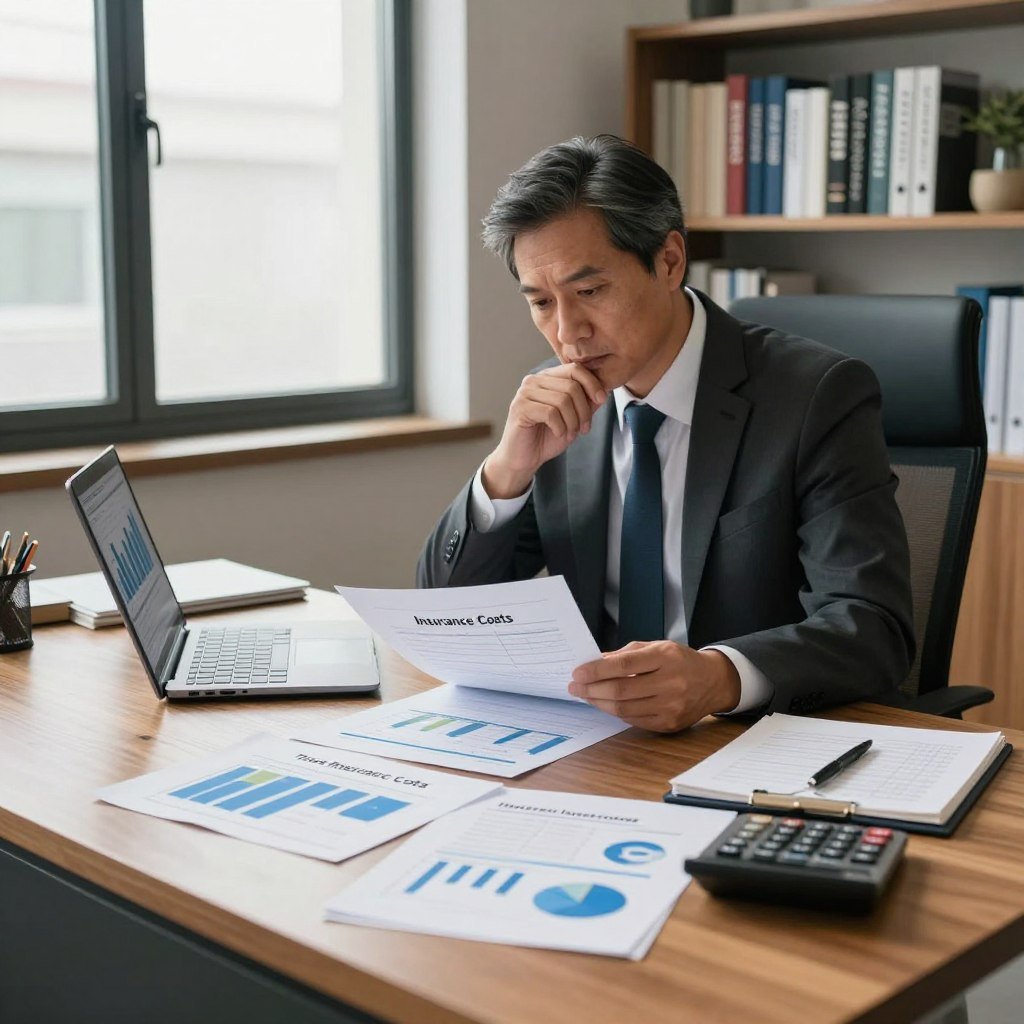 A professional-looking office setting with a large wooden desk in the foreground, cluttered with documents and diagrams related to insurance costs for trucks. On the desk, there’s a laptop displaying graphs and charts, while a calculator and a notepad with calculations lie nearby. In the middle ground, an experienced insurance agent, dressed in a smart suit, analyzes the documents, looking thoughtful. The background features a large window with natural light streaming in, illuminating the room, and a bookshelf filled with industry-related books. The atmosphere is focused and serious, reflecting the importance of understanding the factors that influence truck insurance costs, conveying a sense of professionalism and diligence.
