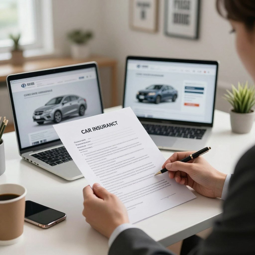 A professional-looking scene depicting a person in a business suit carefully reading a car insurance contract, with emphasizing focus on the document's fine print. The foreground features a clean desk adorned with a smartphone and a coffee cup, while a soft light illuminates the scene, creating a warm and inviting atmosphere. In the middle ground, an open laptop displays a car insurance website, hinting at thorough research. The background includes a stylish office space with framed motivational quotes and a potted plant. The overall mood should evoke diligence and responsibility, symbolizing the importance of understanding one’s car insurance policy for peace of mind. Soft natural lighting from a window enhances the professional environment.