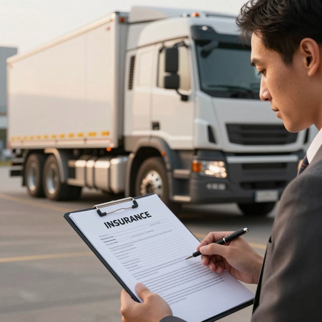 A professional-looking setting showcasing a heavy truck insurance concept. In the foreground, a detailed close-up of a business professional in business attire examining an insurance policy document with a thoughtful expression. The middle ground features a powerful heavy-duty truck parked with safety gear, clearly emphasizing the theme of truck insurance coverage. In the background, a blurred cityscape can be seen, suggesting an urban environment where these trucks operate. The lighting is warm and inviting, with soft shadows to create a sense of professionalism and trust. A shallow depth of field focuses attention on the inquiring professional and the insurance document, while the atmosphere feels serious yet optimistic, reflecting the importance of truck insurance coverage.