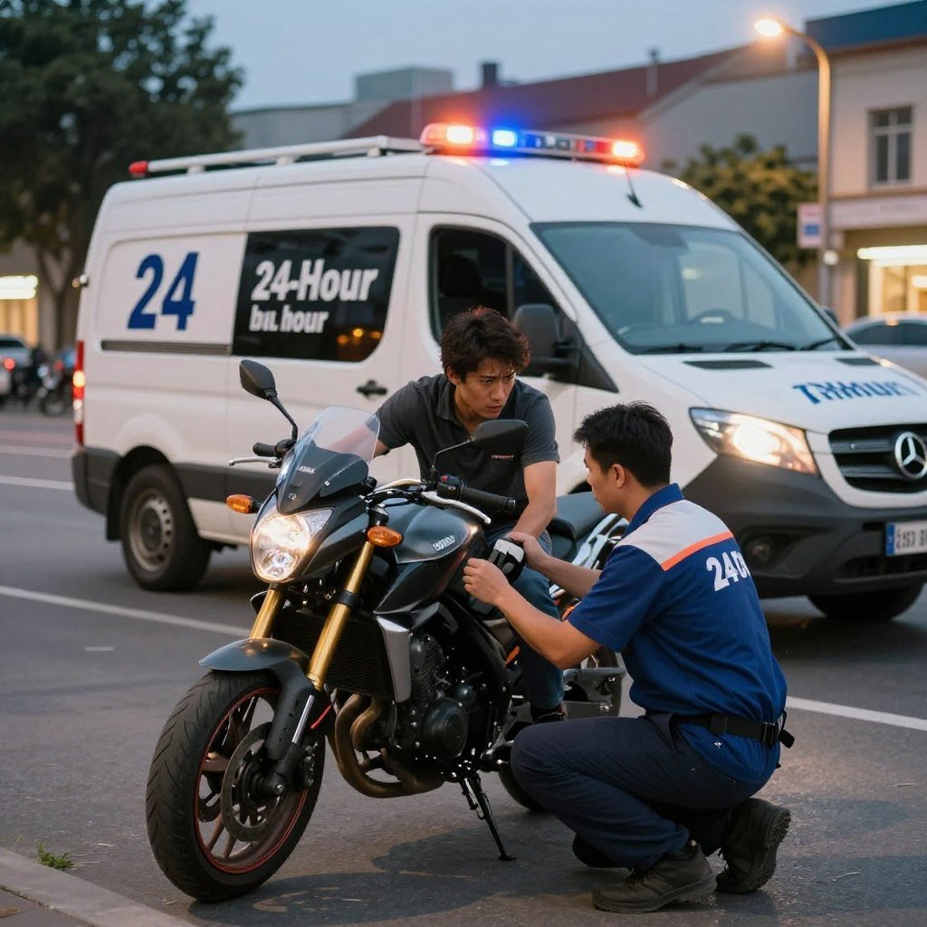 A professional motorcycle assistance scene set in a well-lit urban environment during early evening. In the foreground, a service technician in a branded uniform kneels beside a distressed motorcycle, focused on helping a rider with an anxious expression. The middle ground features a clearly branded assistance van with emergency lights flashing, parked nearby. The background includes blurred city buildings illuminated by streetlights, suggesting the hustle and bustle of the city while evoking a sense of safety and support. The scene captures a warm, reassuring atmosphere, emphasizing the importance of customer service in 24-hour motorcycle assistance. Use a slightly wide-angle lens to convey depth, with soft focus on the background to highlight the technician and rider.