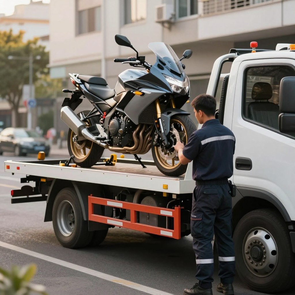 A professional motorcycle towing service in action, featuring a sleek, modern tow truck with a motorcycle secured on the back. In the foreground, a skilled technician, dressed in a professional uniform, inspects the motorcycle with a focused expression. The middle ground shows an urban street setting, showcasing a clear view of the tow truck and the motorcycle. The background includes cityscape elements with soft, warm lighting to create a welcoming atmosphere. The angle captures the action from slightly above, emphasizing the service's efficiency. The image should convey reliability and professionalism, highlighting the importance of round-the-clock motorcycle assistance.