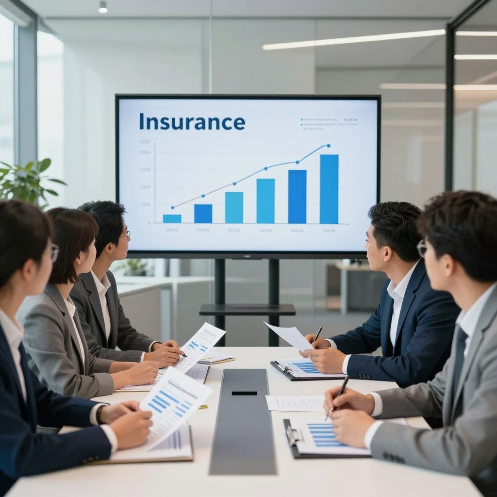 A professional office environment illustrating the concept of company insurance quotes. In the foreground, a diverse group of business professionals in smart attire are gathered around a modern conference table, studying charts and documents related to insurance rates. In the middle ground, a large digital screen displays graphs showing cost factors influencing insurance pricing. The background features sleek office décor with large windows allowing natural light to flood in, creating a bright and optimistic atmosphere. Soft, even lighting enhances the professional mood, with a focal length that captures both the details of the documents and the expressions of the participants.