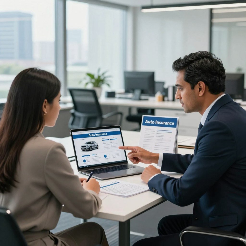 A professional office environment showcasing a meeting between an insurance agent and a client, discussing car insurance options. In the foreground, the agent, a middle-aged South Asian man in business attire, is pointing at a laptop displaying a car insurance comparison website. The client, a young Brazilian woman in a smart casual outfit, is attentively listening, seated across the table. The middle ground features a neatly organized desk with financial documents and a brochure labeled "Auto Insurance" prominently displayed. The background includes a sleek modern office with large windows letting in soft natural light, and a cityscape visible outside, creating a sense of professionalism and trust. The atmosphere is focused and collaborative, reflecting the importance of finding the best car insurance options.