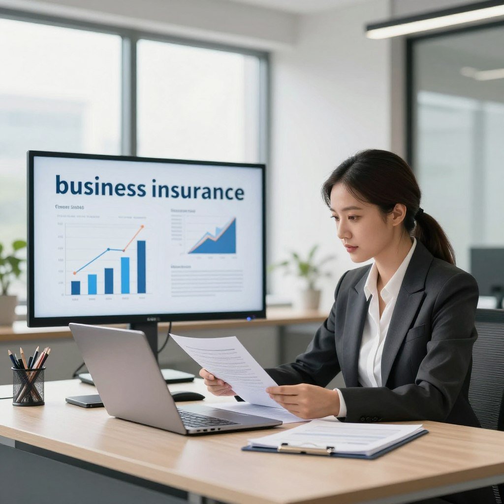 A professional office environment showcasing the concept of "business insurance." In the foreground, a well-dressed businesswoman in a sleek suit sits at a modern desk, examining documents on a laptop. In the middle ground, financial charts and graphs are displayed on a screen, symbolizing analysis and growth. The background features a bright, airy office with large windows, letting in natural light that creates a welcoming atmosphere. Soft shadows emphasize the organization and efficiency of the space. The overall mood is one of professionalism and clarity, suggesting careful consideration and strategic planning in the context of understanding business insurance. The perspective is slightly angled to provide depth, ensuring a focused view on the subject.