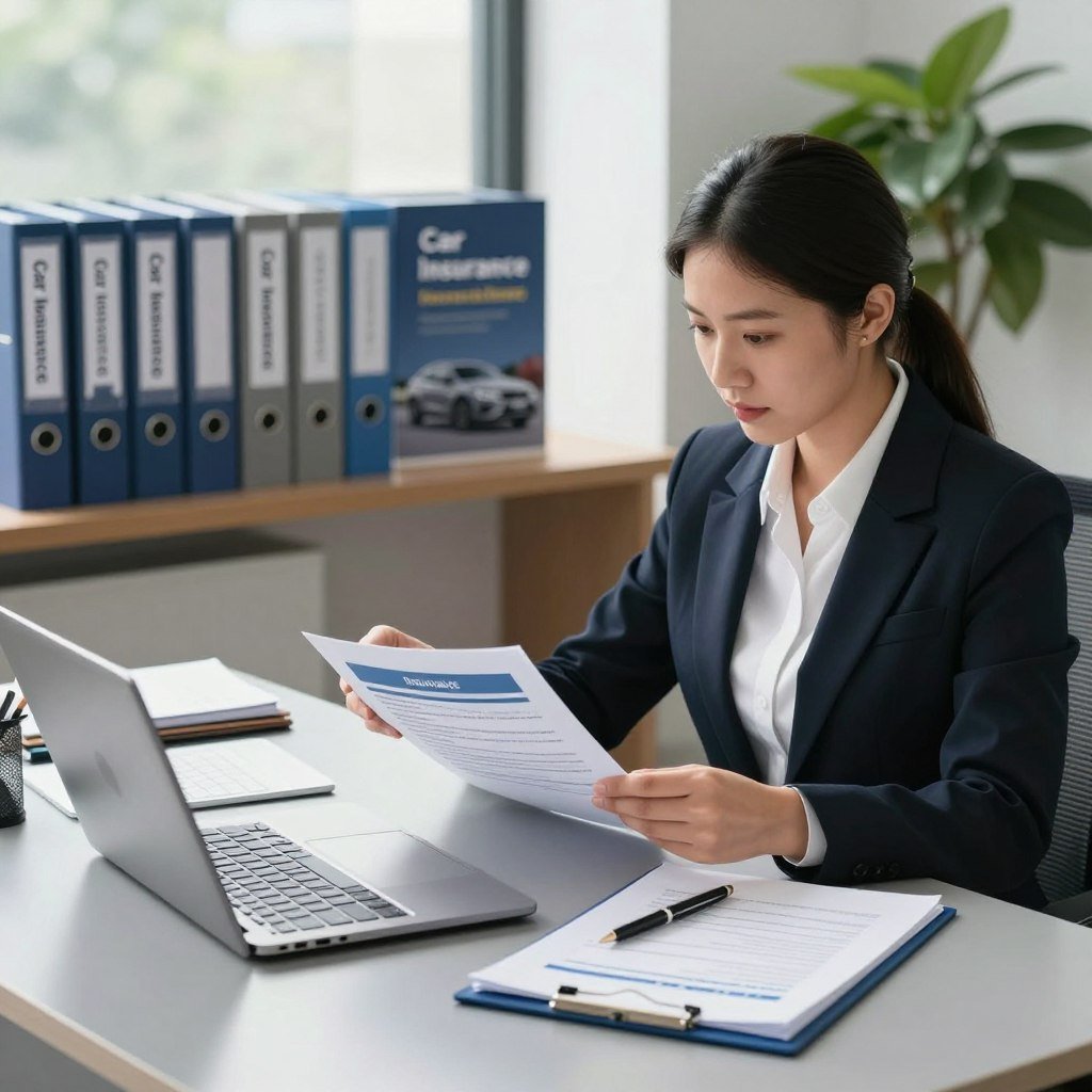A professional office interior scene depicting a focused businesswoman in formal attire sitting at a sleek desk, reviewing car insurance documents. In the foreground, a neatly organized workspace with a laptop, a pen, and an open insurance policy. The middle ground features shelves with neatly arranged binders labeled 'Car Insurance' and promotional materials about car coverage. The background includes a large window with soft, natural light pouring in, casting gentle shadows, and a green plant for a touch of freshness. The image conveys a mood of professionalism and clarity, emphasizing the importance and ease of renewing car insurance. The composition uses a slightly elevated angle to capture the entire scene effectively.
