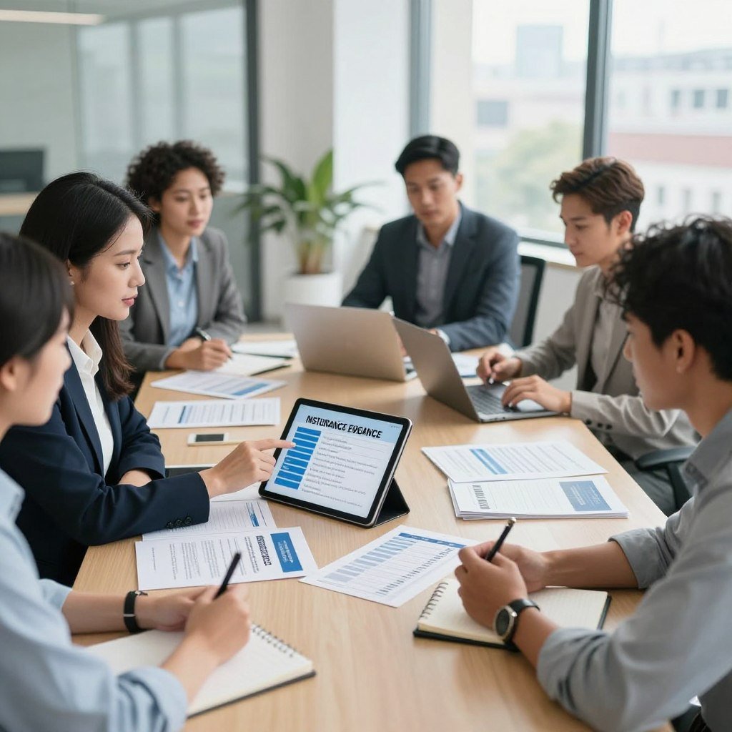 A professional office scene depicting a diverse group of individuals engaged in a meeting about insurance procurement. In the foreground, a confident woman in a business suit points to a digital tablet showcasing insurance plans. A man in smart casual attire takes notes attentively. In the middle, a large conference table cluttered with brochures and laptops illustrates the process. The background features a modern office environment with large windows allowing natural light to flood in, highlighting a cityscape. The atmosphere is collaborative and focused, emphasizing determination and clarity as they discuss the step-by-step approach to contracting insurance. The overall mood is optimistic and proactive, inviting viewers to engage with the theme of understanding insurance benefits.