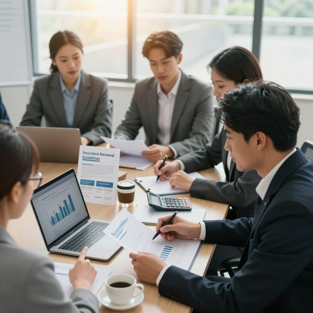 A professional office setting, capturing a diverse group of individuals in business attire, gathered around a conference table analyzing documents and digital devices related to insurance renewal. In the foreground, a woman with glasses is pointing at a graph on a laptop while a man listens attentively, taking notes. The middle ground features a printed brochure titled "Insurance Renewal Guidelines" alongside a calculator and a cup of coffee. The background shows a large window with natural light pouring in, casting a warm glow over the room. The mood is focused and collaborative, conveying a sense of diligence and careful consideration in the insurance renewal process. Soft, diffused lighting enhances the professional atmosphere, shot from a slightly elevated angle to capture the engagement of the group.