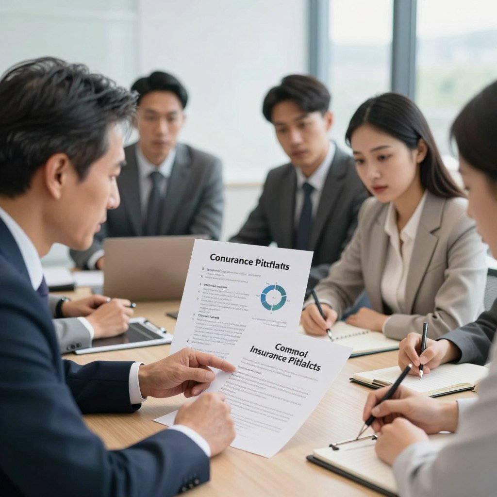 A professional office setting depicting a diverse group of individuals gathered around a conference table, focused and engaged in a discussion about insurance. In the foreground, a middle-aged man in a sharp suit points to a document filled with common insurance pitfalls. Beside him, a young woman in business casual attire takes notes, looking attentive. In the middle, a chart illustrating common errors in hiring insurance is displayed prominently, showing factors like hidden costs and inadequate coverage. The background features a large window with natural light streaming in, enhancing the atmosphere of seriousness and professionalism. The mood is collaborative yet tense, emphasizing the importance of making informed decisions when selecting insurance. The image should have a clean, sharp focus with a slightly blurred background to draw attention to the participants in the conversation.