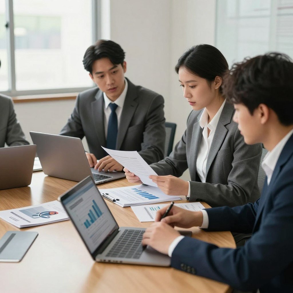 A professional office setting, featuring a group of diverse individuals in business attire, engaged in a discussion about car insurance options. In the foreground, a sleek wooden conference table is adorned with laptops, insurance brochures, and a digital tablet displaying graphs and statistics. In the middle ground, two professionals—one man and one woman—are analyzing documents, with expressions of concentration and collaboration. The background features a large window with soft natural light pouring in, illuminating the room and creating a warm, inviting atmosphere. The overall mood is focused and informative, emphasizing the importance of making informed decisions when choosing a car insurance provider. The image is shot from a slightly elevated angle, highlighting the collaboration among the group while ensuring the setting feels professional and engaging.
