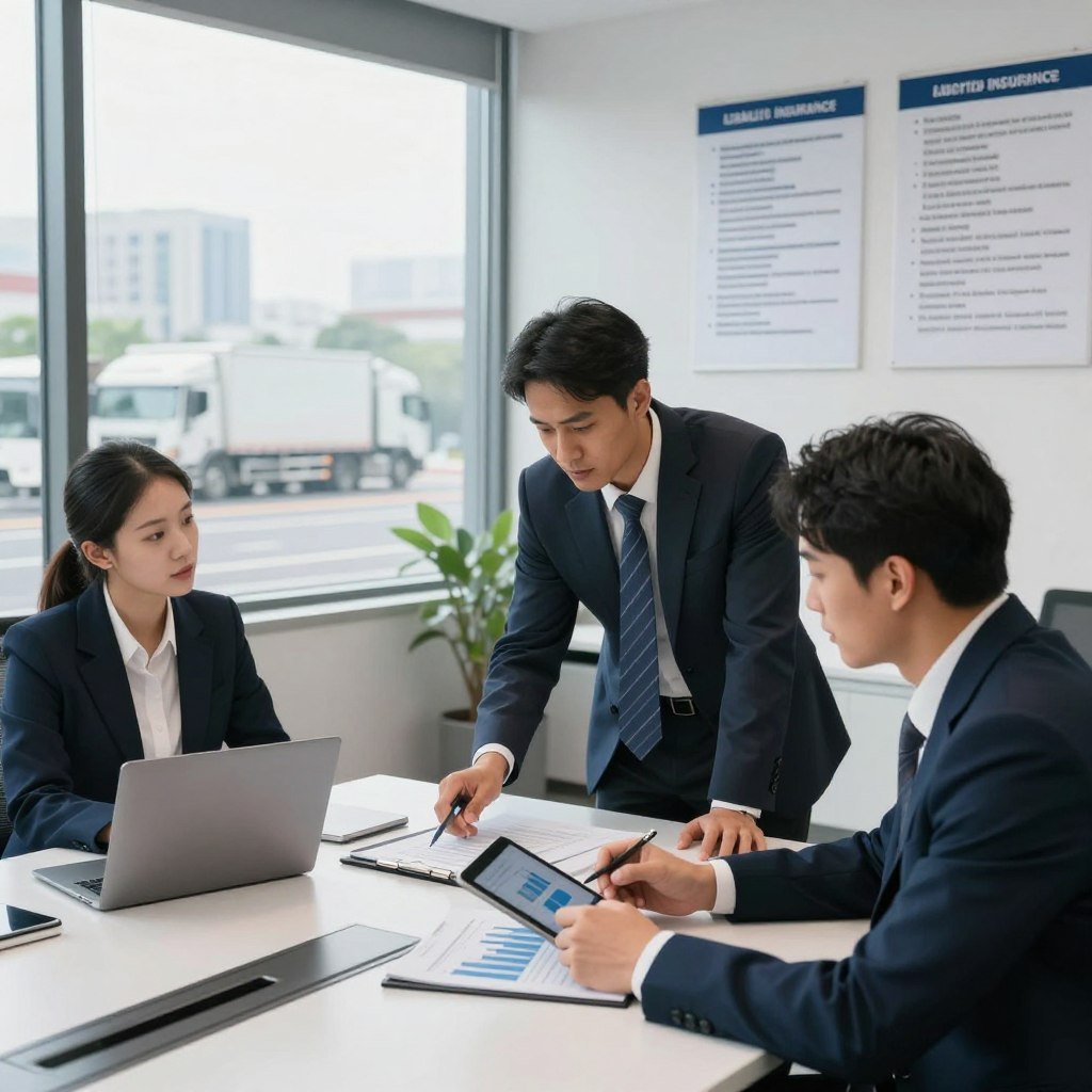 A professional office setting featuring a team of diverse business individuals engaged in a discussion about truck liability insurance. In the foreground, a multi-ethnic group of three professionals, dressed in smart business attire, sits around a modern conference table, analyzing documents and financial graphs on a tablet and laptop. The middle ground contains a large window showcasing an urban landscape with trucks on the road. The background highlights a well-organized office with safety compliance posters related to insurance and transport regulations. Soft, natural lighting filters through the window, creating a focused but inviting atmosphere. The angle is slightly tilted to capture the intensity of their conversation, emphasizing the importance of understanding liability insurance for truck operations.