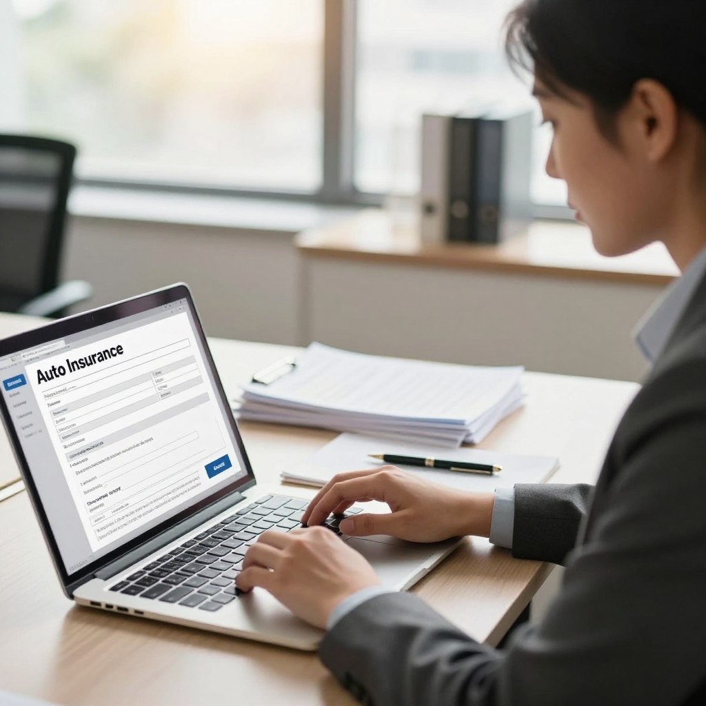 A professional office setting showcasing an individual in business attire sitting at a desk, focused on a laptop. The foreground features a laptop screen displaying a claims form for auto insurance, with visible details like fields for personal information and a "Submit" button. In the middle, a stack of documents and a pen lie on the desk, symbolizing the claim process. The background reveals a soft-focus interior of the office, with a window letting in natural daylight, creating a bright and inviting atmosphere. The lighting is warm and friendly, enhancing a mood of professionalism and trust. The angle is slightly elevated, providing a clear view of the desk and the individual’s concentrated expression.