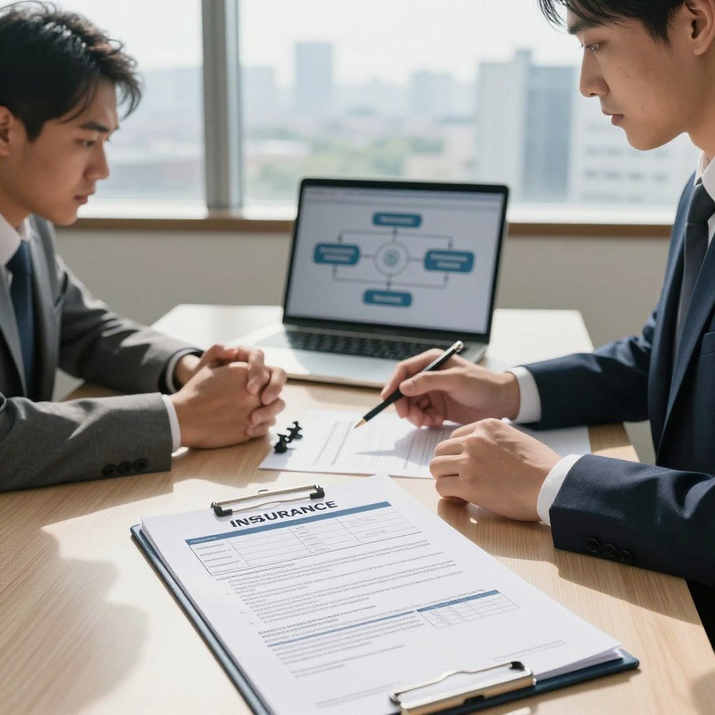A professional office setting where an insurance agent engages with a motorcycle accident victim, both dressed in business attire, discussing the claims process. In the foreground, a detailed document of the insurance claim is laid out on the table, showing key elements like a motorcycle, accident details, and indemnity figures. The middle features a laptop displaying a graphic flowchart illustrating the steps of the indemnification process. In the background, an office window reveals a cityscape, with soft natural light casting shadows that create a serious, yet hopeful atmosphere. The overall mood conveys professionalism and support, emphasizing clarity and understanding in insurance matters.
