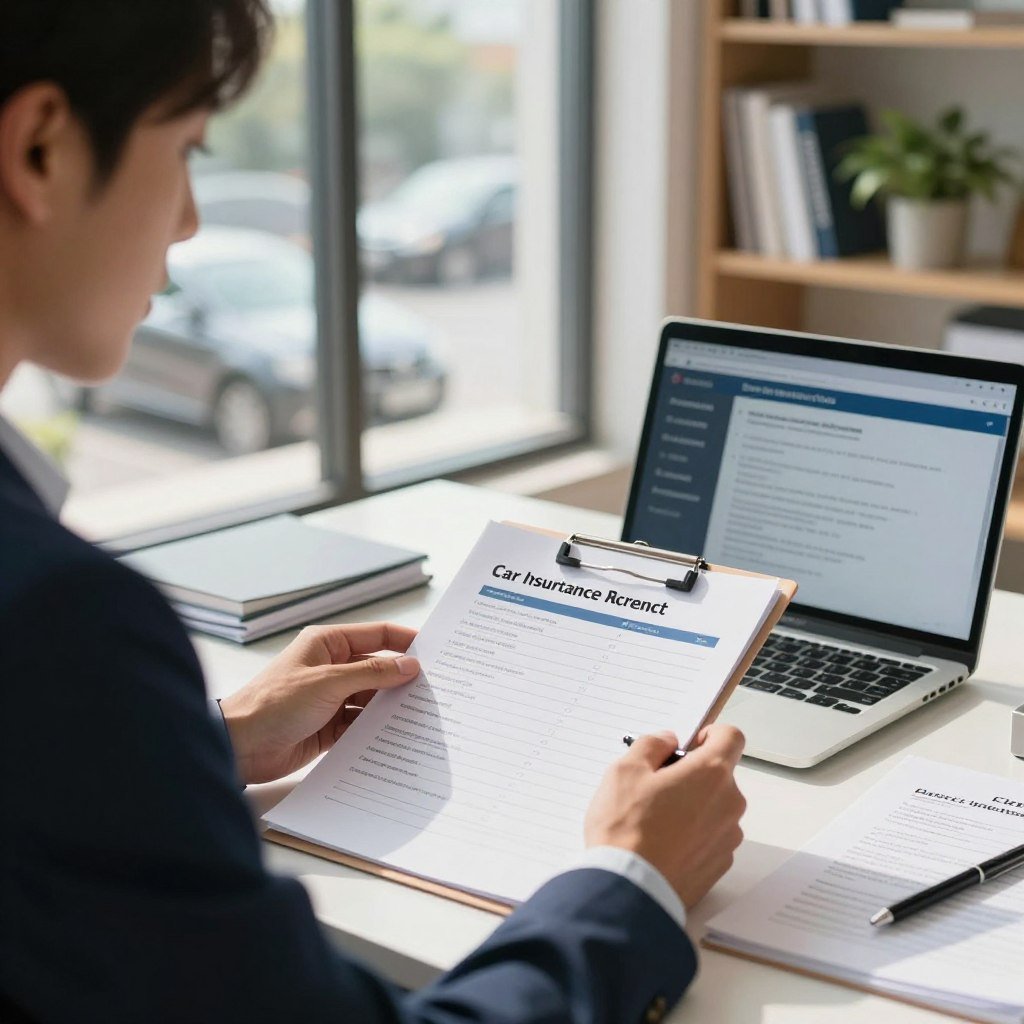 A professional office setting with a focus on an individual in business attire, sitting at a desk filled with car insurance documents and a laptop displaying information about car insurance options. In the foreground, the individual is consulting a checklist on what to do in case of a car accident, appearing engaged and focused. In the middle, a large window shows a sunny day outside, with a glimpse of cars passing by, emphasizing the real-world connection to the subject. The background features shelves filled with insurance-related books and a potted plant, adding a touch of greenery. Soft, natural lighting illuminates the scene, creating an optimistic and informative atmosphere, captured from a slightly angled perspective to enhance depth.