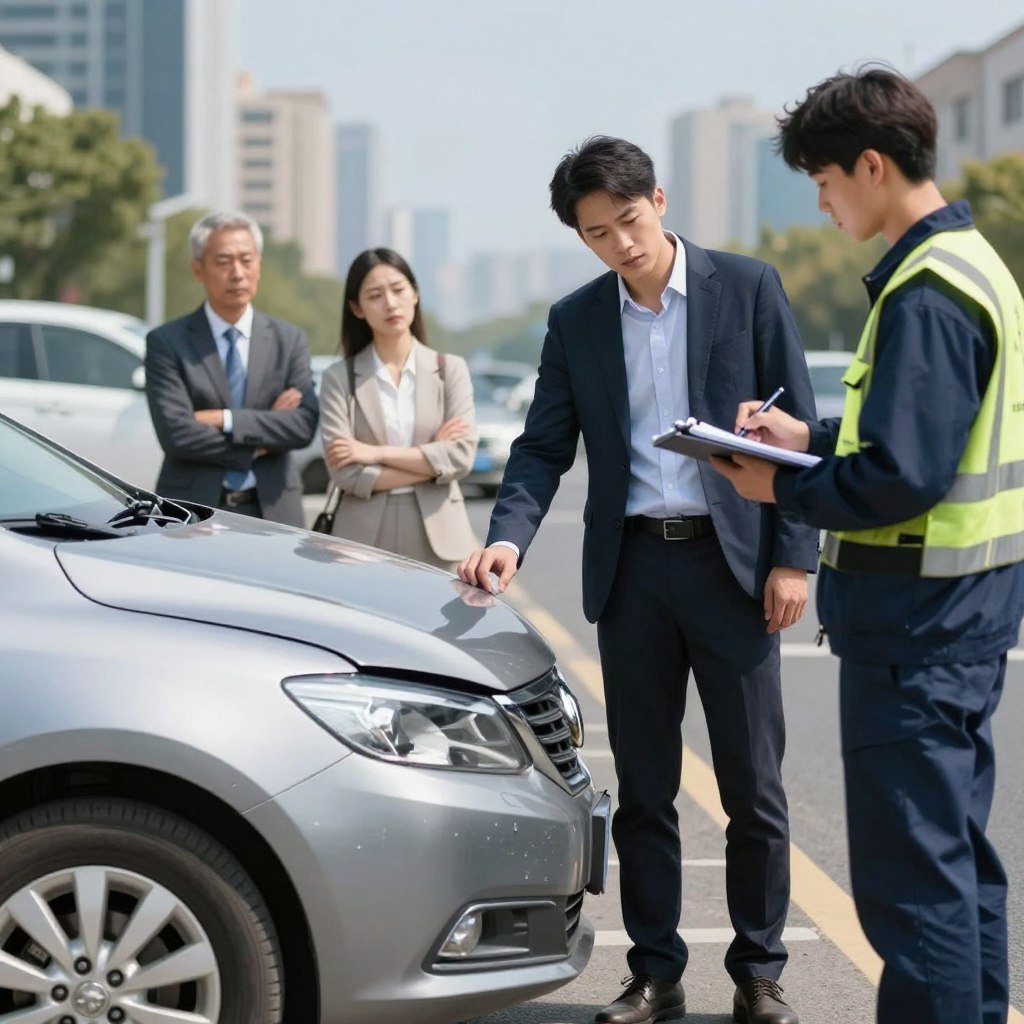 A professional scene depicting a busy urban environment with a focus on a car accident scenario. In the foreground, a mid-sized sedan with minor damage to the bumper is parked askew, while a concerned driver, dressed in professional business attire, stands beside it, looking at a roadside assistance professional who is jotting down notes. In the middle ground, onlookers are maintaining a respectful distance, with expressions of concern. The background features blurred city buildings under a clear blue sky, ensuring a bright, optimistic lighting. The mood is serious yet hopeful, capturing the essence of accident preparedness and assistance. Use a slight depth of field to emphasize the foreground while keeping the background details recognizable.