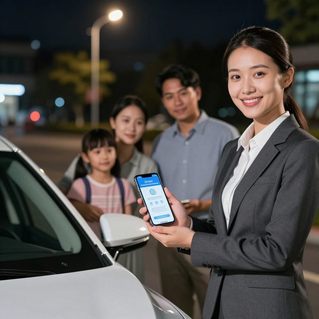 A professional scene depicting a car insurance service representative providing 24-hour assistance. In the foreground, a smiling, well-dressed representative stands next to a modern car, holding a smartphone with an app open showing emergency assistance features. In the middle ground, a family looks relieved and relaxed as they interact with the representative. The background shows a nighttime urban setting with streetlights illuminating the scene, creating a warm and inviting atmosphere. The lighting should be soft yet clear, with highlights on the car and representative to signify professionalism and trust. Capture a sense of security and reassurance, emphasizing the importance of having reliable insurance coverage.