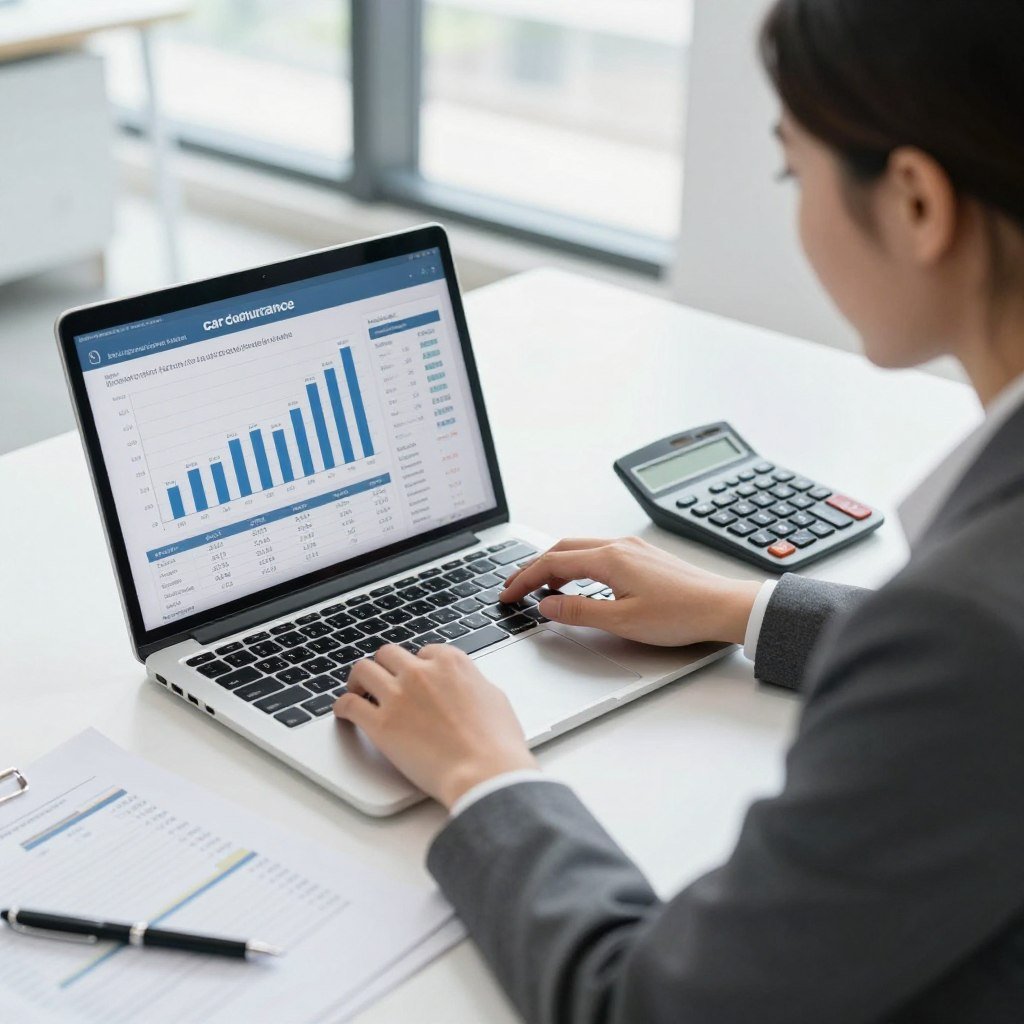 A professional setting depicting a car insurance calculation process. In the foreground, a businesswoman in professional attire focuses intently on a laptop displaying bar graphs and numbers related to car insurance quotes. In the middle, neatly organized documents and a calculator hint at detailed financial analysis. The background reveals a bright, modern office with large windows allowing natural light to illuminate the scene, creating an atmosphere of productivity and professionalism. The angle is slightly elevated, capturing the action of the woman while showcasing the workspace. The mood is analytical and informative, emphasizing the importance of understanding car insurance calculations.
