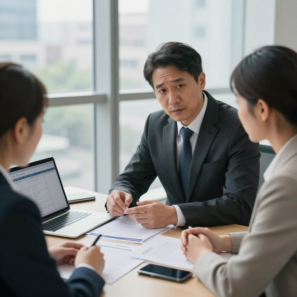 A professional setting depicting a claim adjustment scene after an accident. In the foreground, a middle-aged man in a business suit is discussing details with a female claims adjuster wearing business attire, both showing a sense of concern and professionalism. The middle ground features a table with insurance documents, a laptop open displaying a claims database, and a smartphone showing contact information. In the background, through large windows, a view of a cityscape suggests a bustling environment. Soft, natural light filters through the windows, creating a calm yet serious atmosphere. The angle is slightly elevated, highlighting the interaction and setting without any distractions or text.