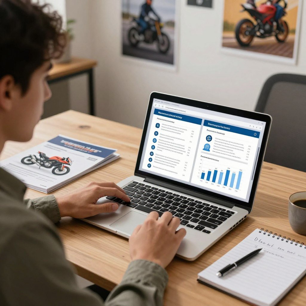 A professional setting featuring an individual in smart casual attire, analyzing various motorcycle insurance policies on a modern laptop. In the foreground, the laptop screen displays side-by-side comparisons of insurance features, with clear icons and graphs. The middle ground includes a well-organized desk with a few motorcycle-related brochures and a notepad filled with handwritten notes. The background is a softly lit office space with motivational posters about safety and insurance. Warm lighting casts a cozy yet professional atmosphere, emphasizing diligence and focus. Capture the scene with a slightly high-angle shot to include all elements distinctly, creating a sense of clarity and purpose.